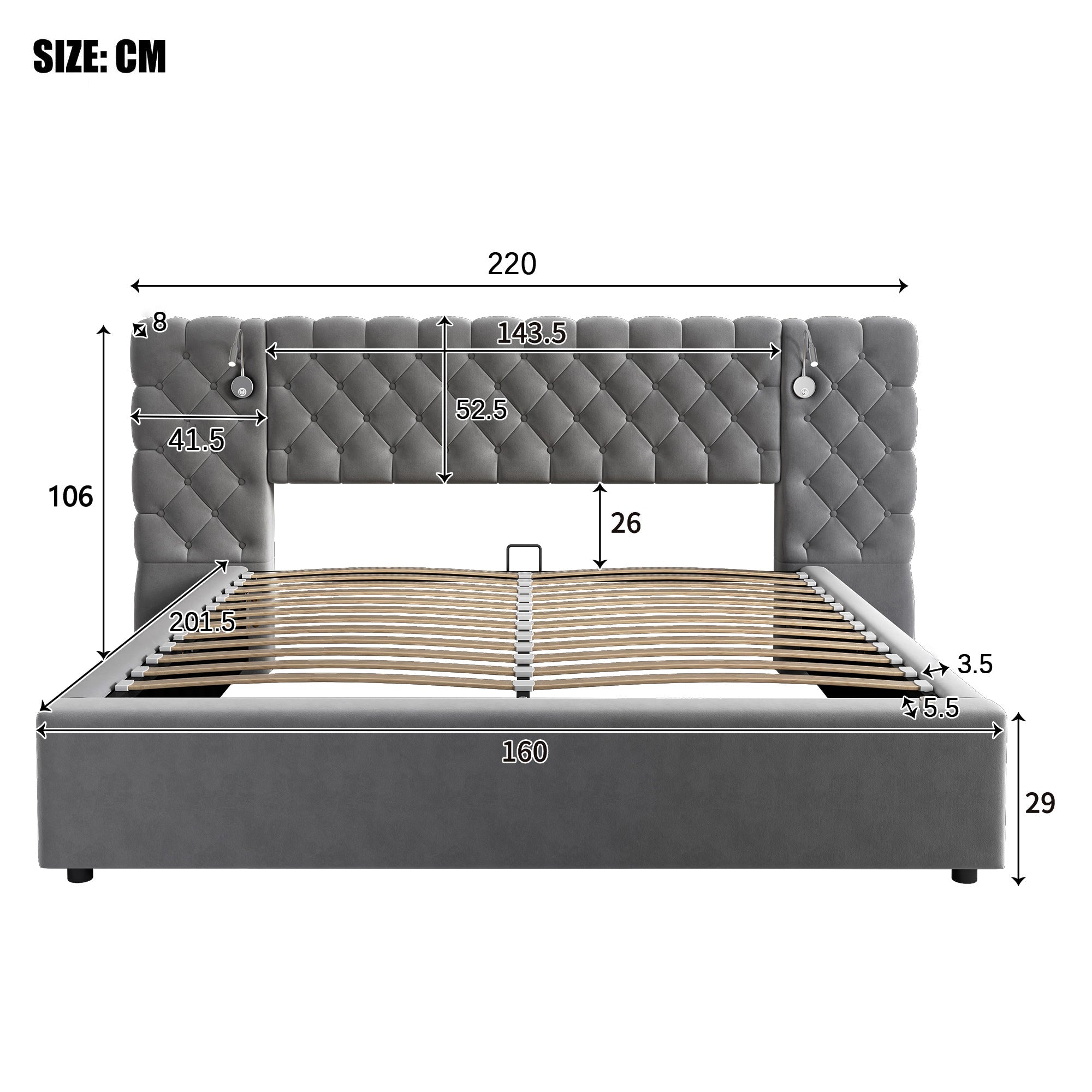 Logidon gestoffeerd bed 160x200 cm grijs fluweel opbergruimte LED verlichting hoofdeinde
