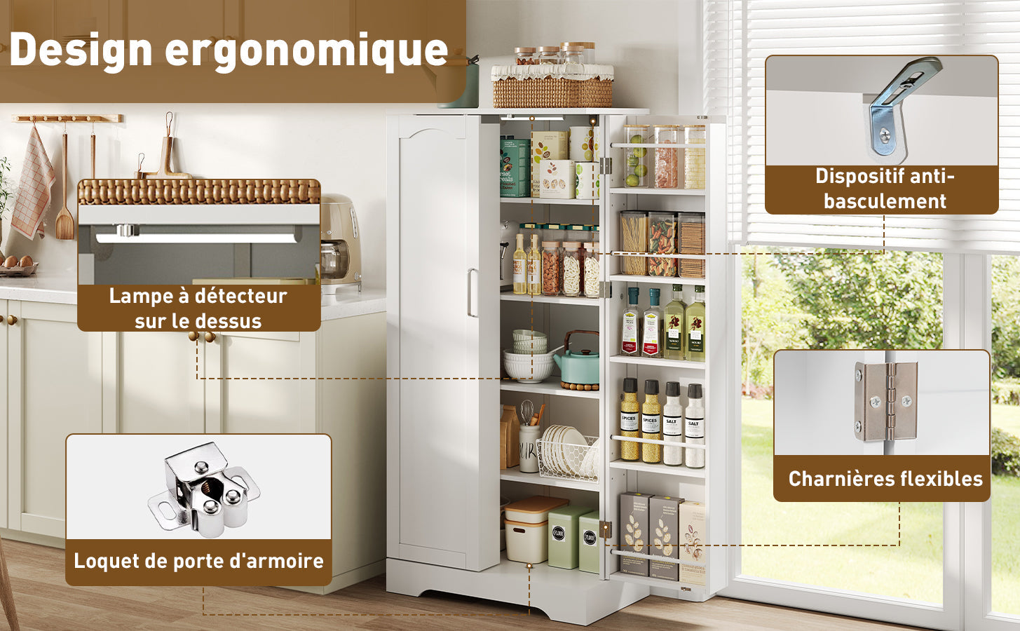 Logidon 60x35x128cm witte keukenkast LED-sensorlicht verstelbare planken