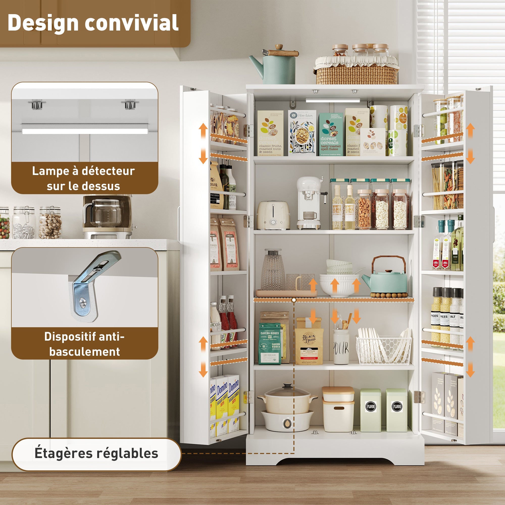 Logidon 60x35x128cm witte keukenkast LED-sensorlicht verstelbare planken