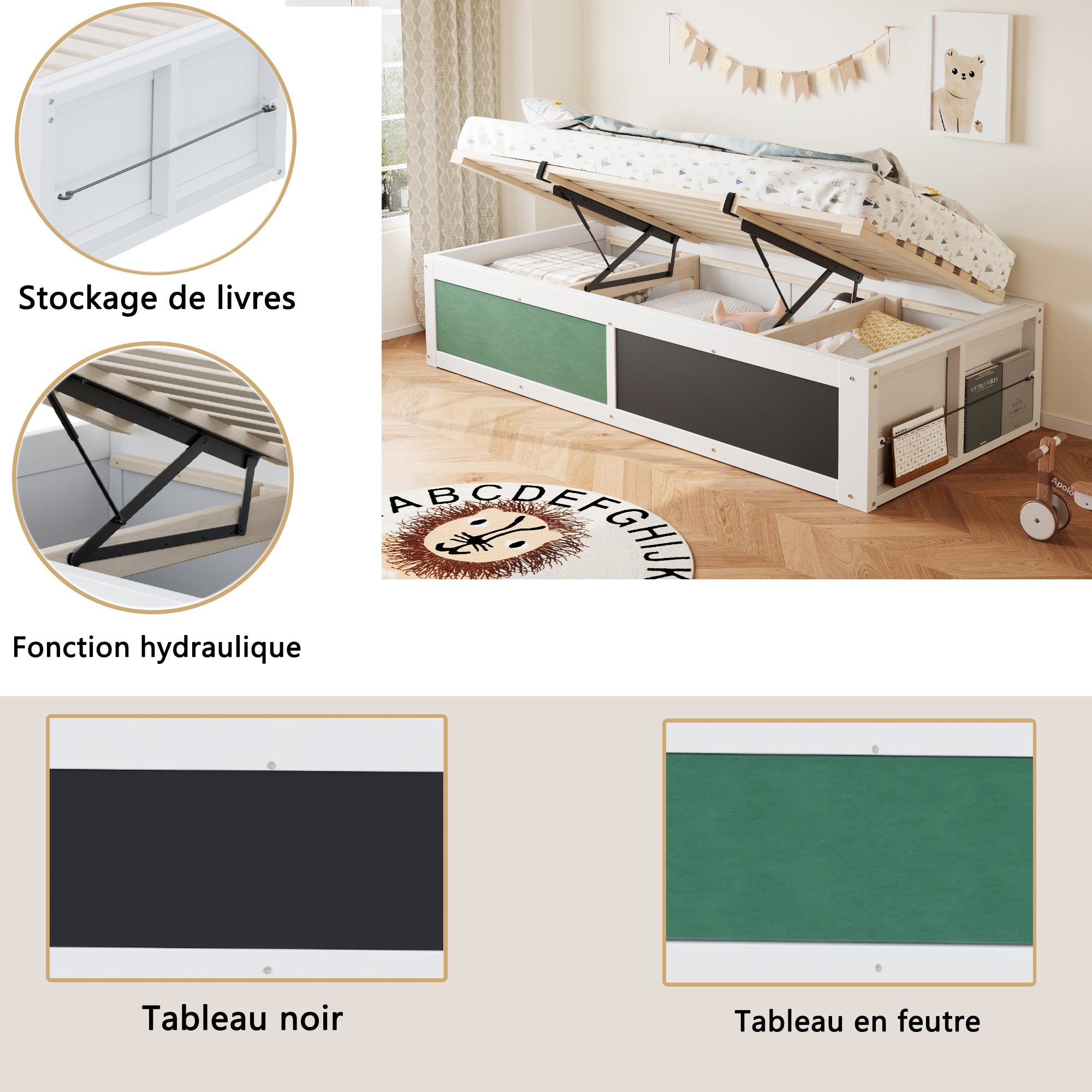 Logidon Houten Bed 90x200 cm met Hydraulisch Opbergvak Schrijfbord Wit