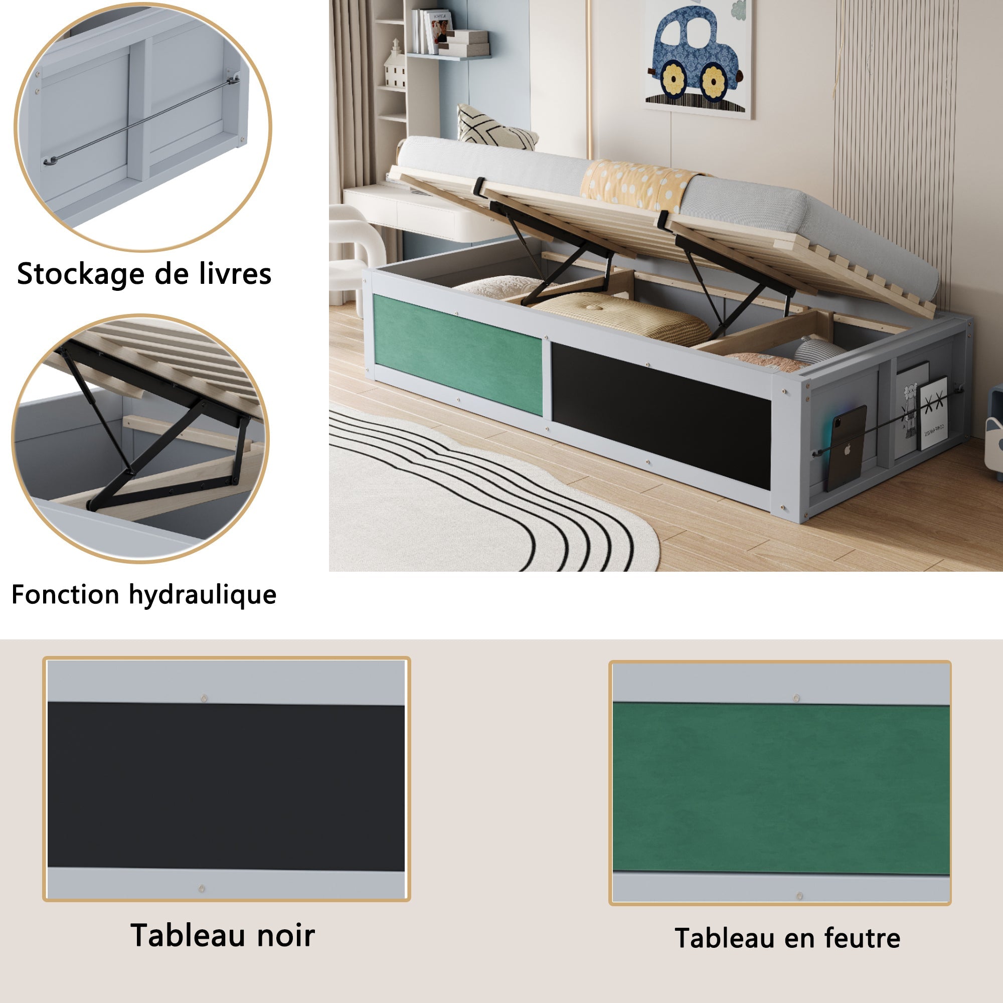 Logidon Kinderbed 90x200 cm met hydraulische opbergruimte Grijs