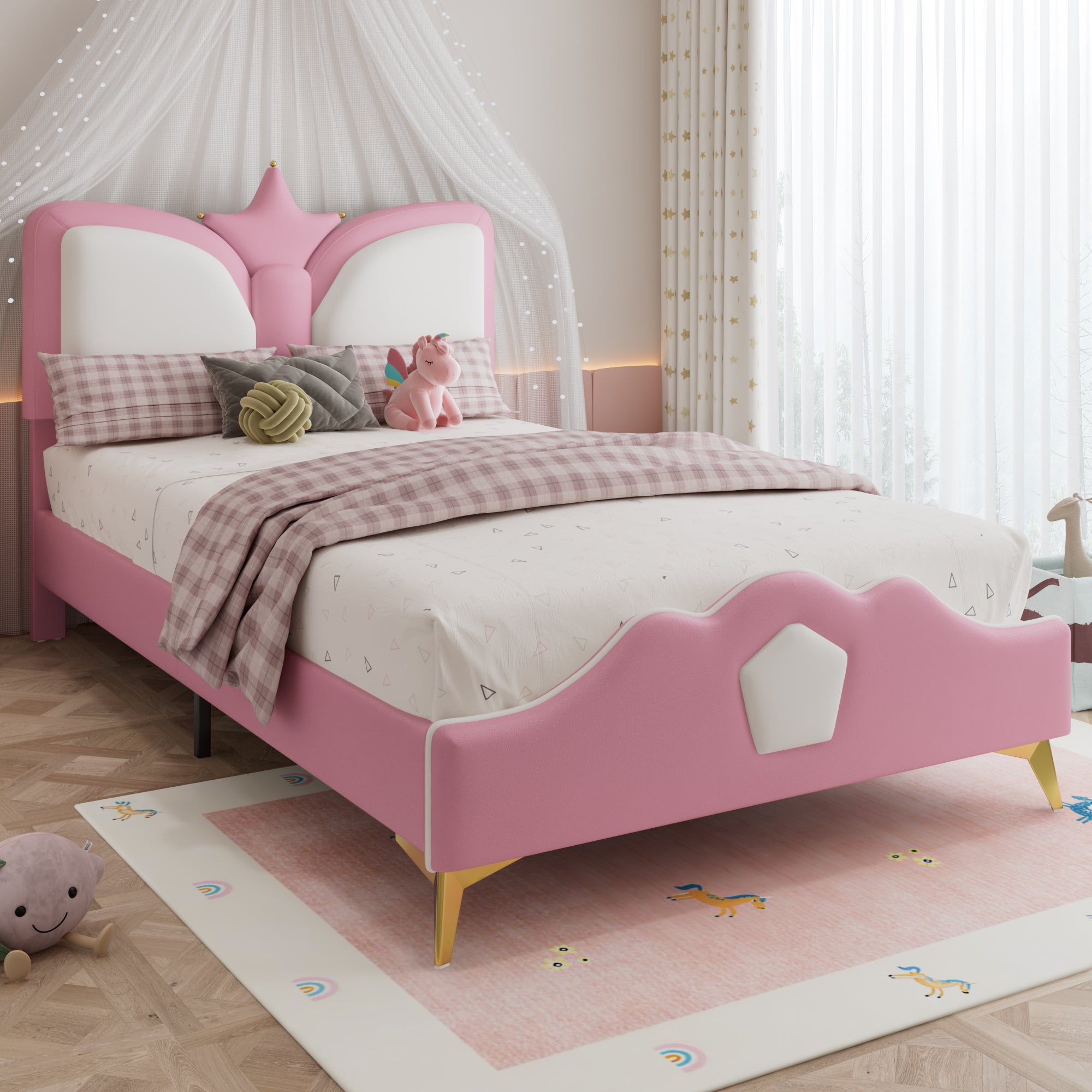 Logidon gestoffeerd bed 90x200cm roze wit kroonvormig hoofdeinde