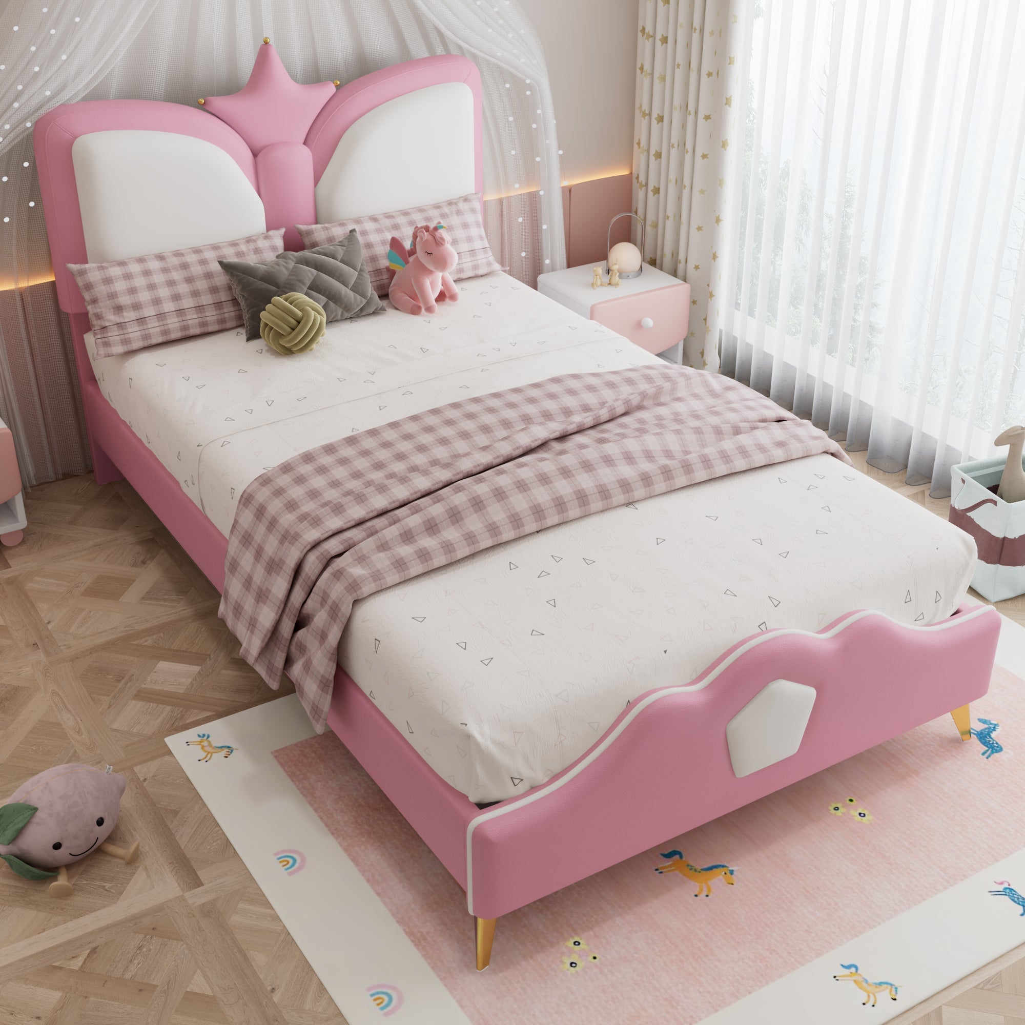 Logidon gestoffeerd bed 90x200cm roze wit kroonvormig hoofdeinde
