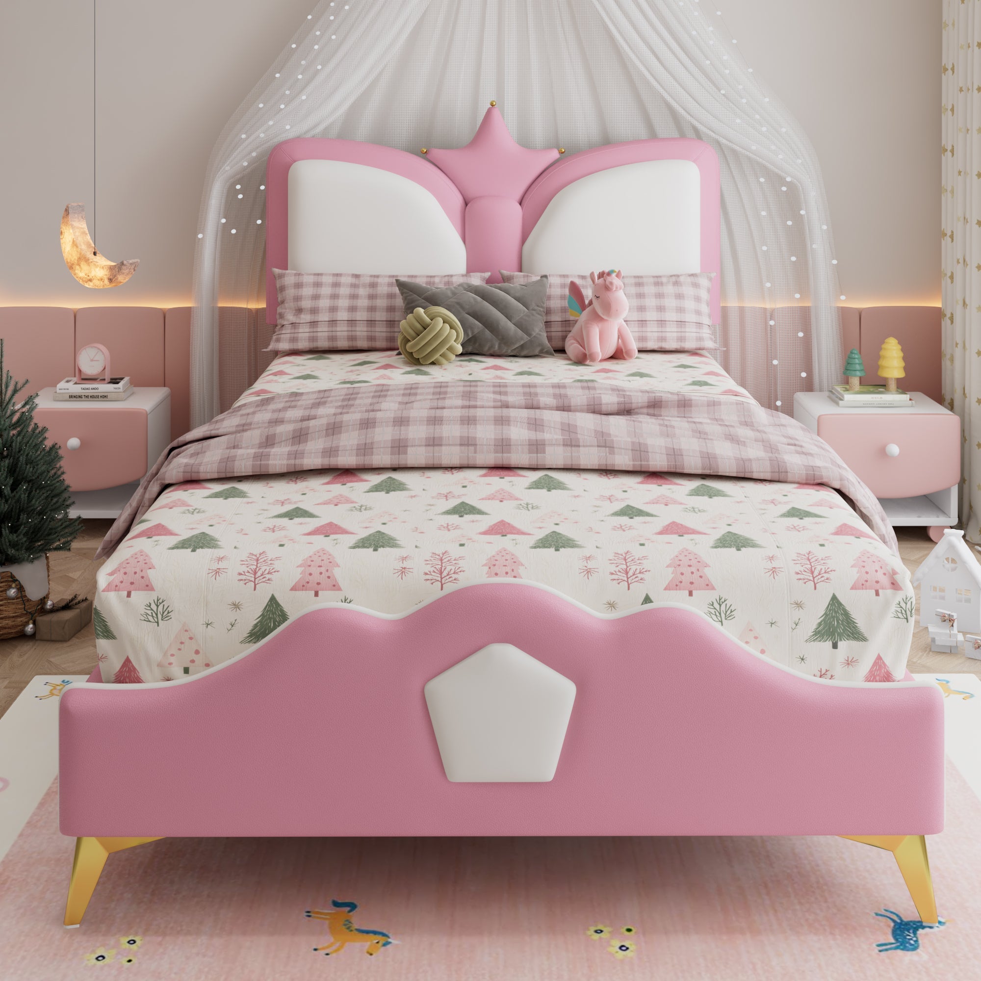 Logidon gestoffeerd bed 90x200cm roze wit kroonvormig hoofdeinde