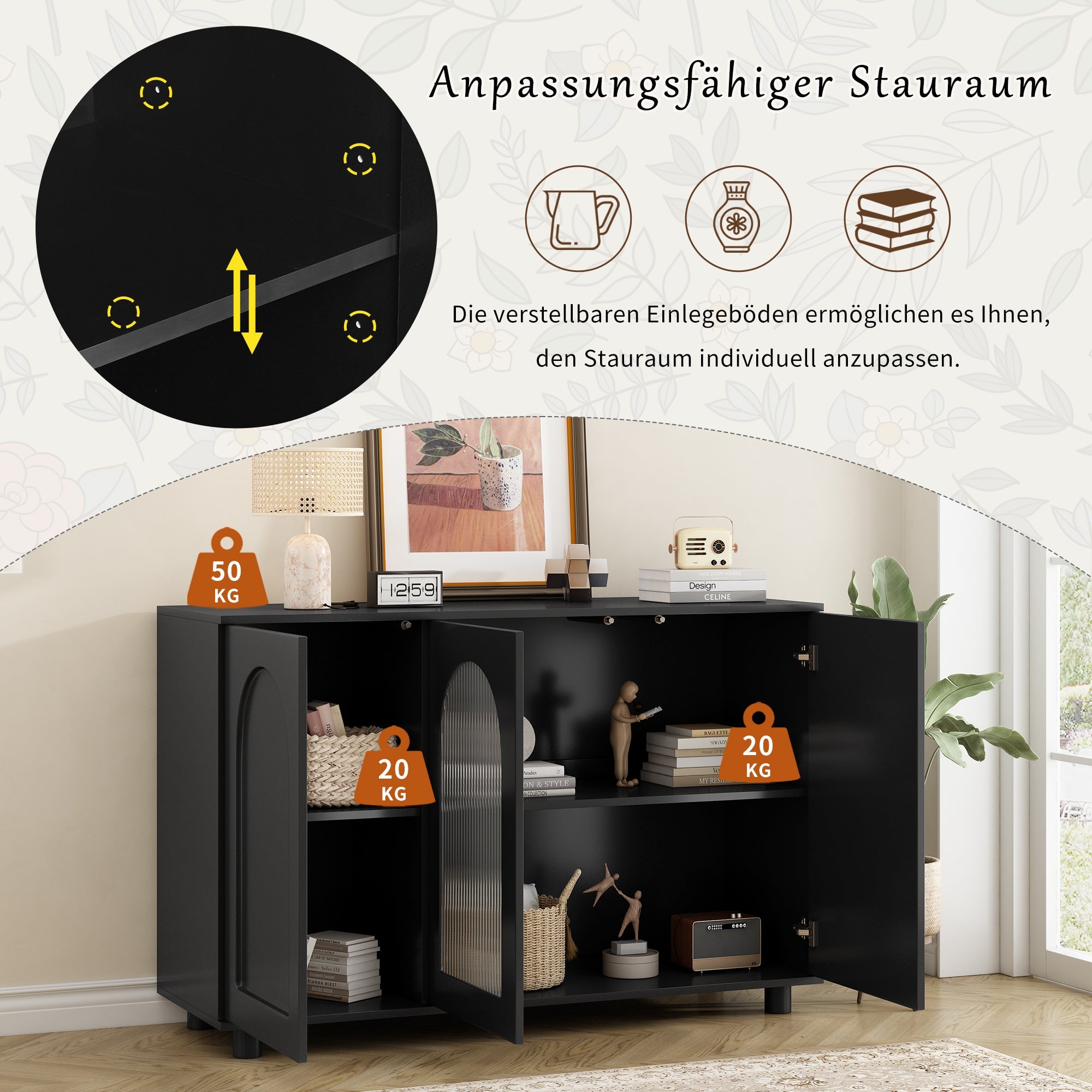 Logidon UForm Dressoir Zwart 120x40x78,5 cm Glazen Deur Rebounder Design