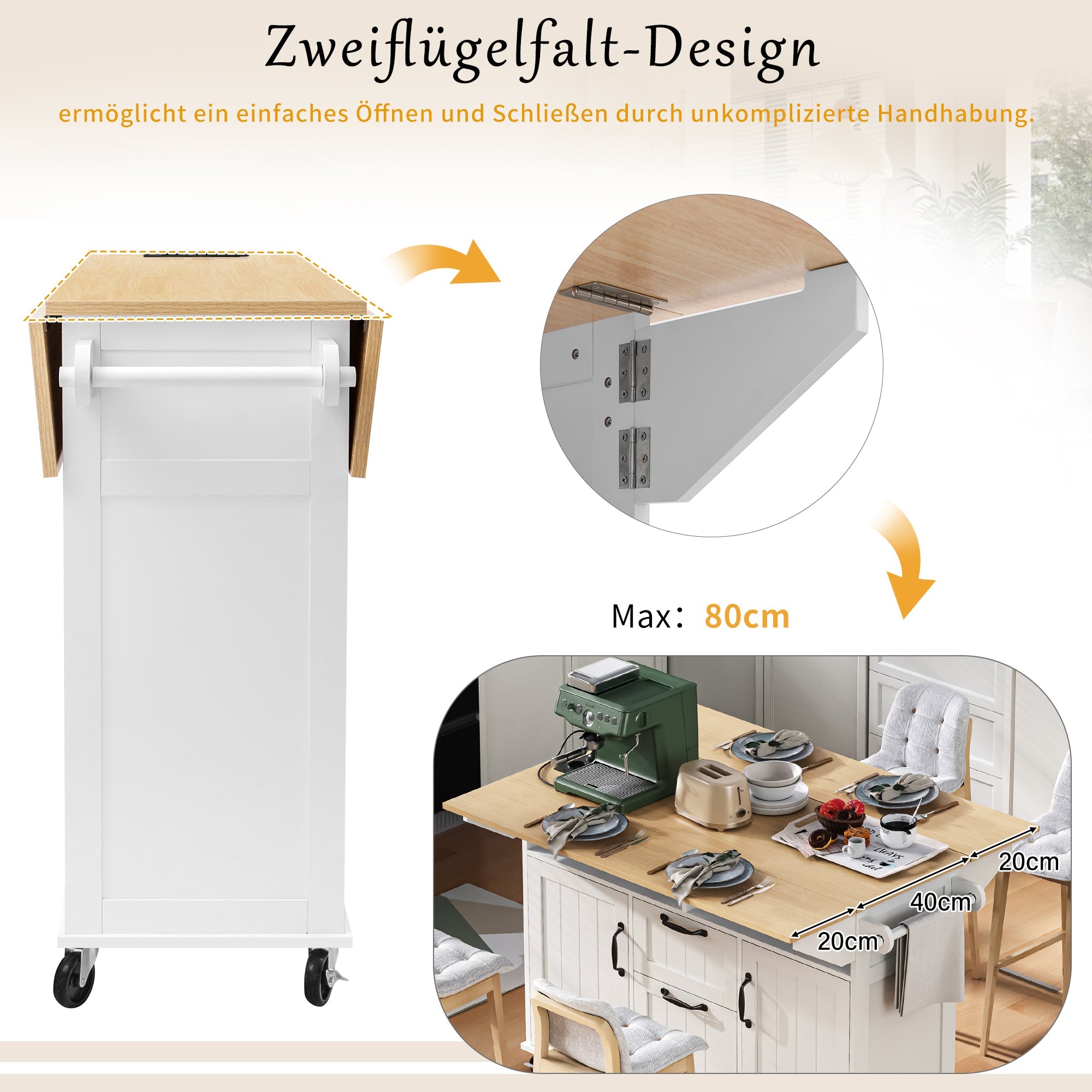 Logidon keukeneiland met wielen Witte uitschuifbare eettafelladen