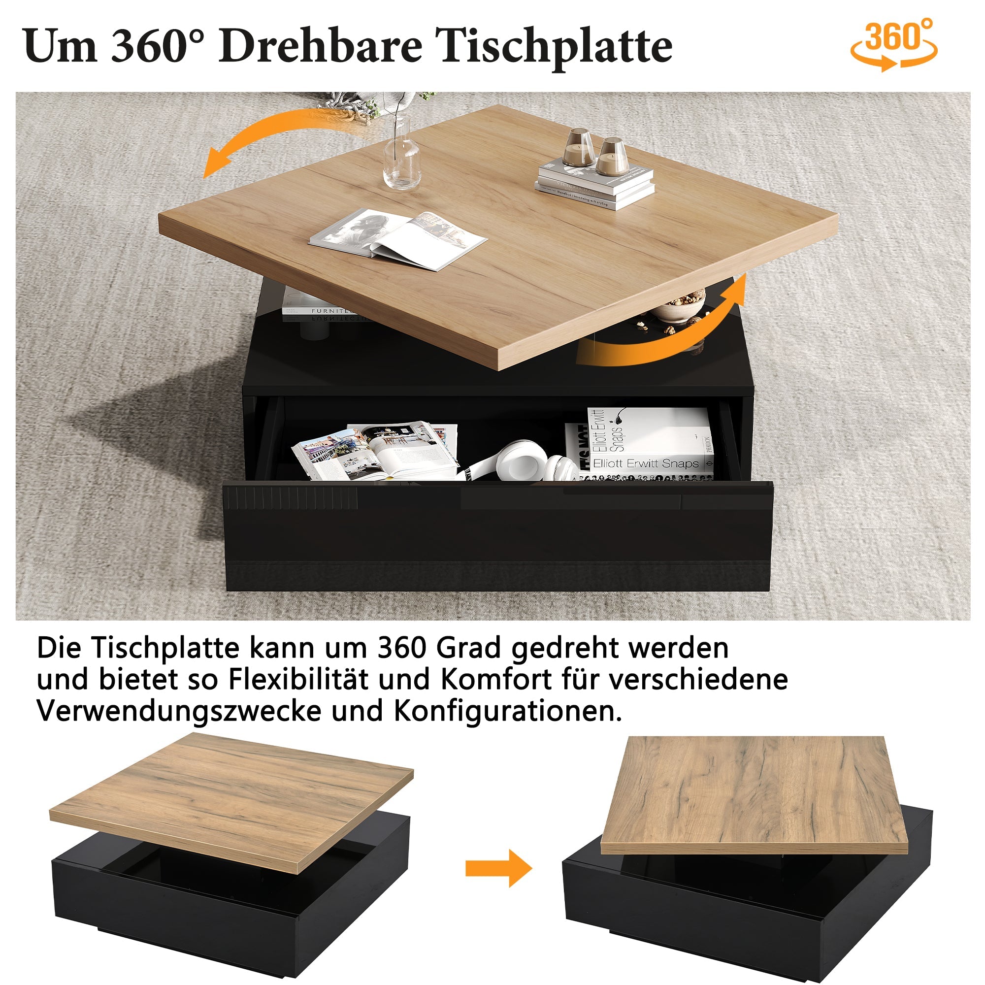 Logidon Vierkante Draaibare Salontafel 70x70 cm Bruin 360 graden