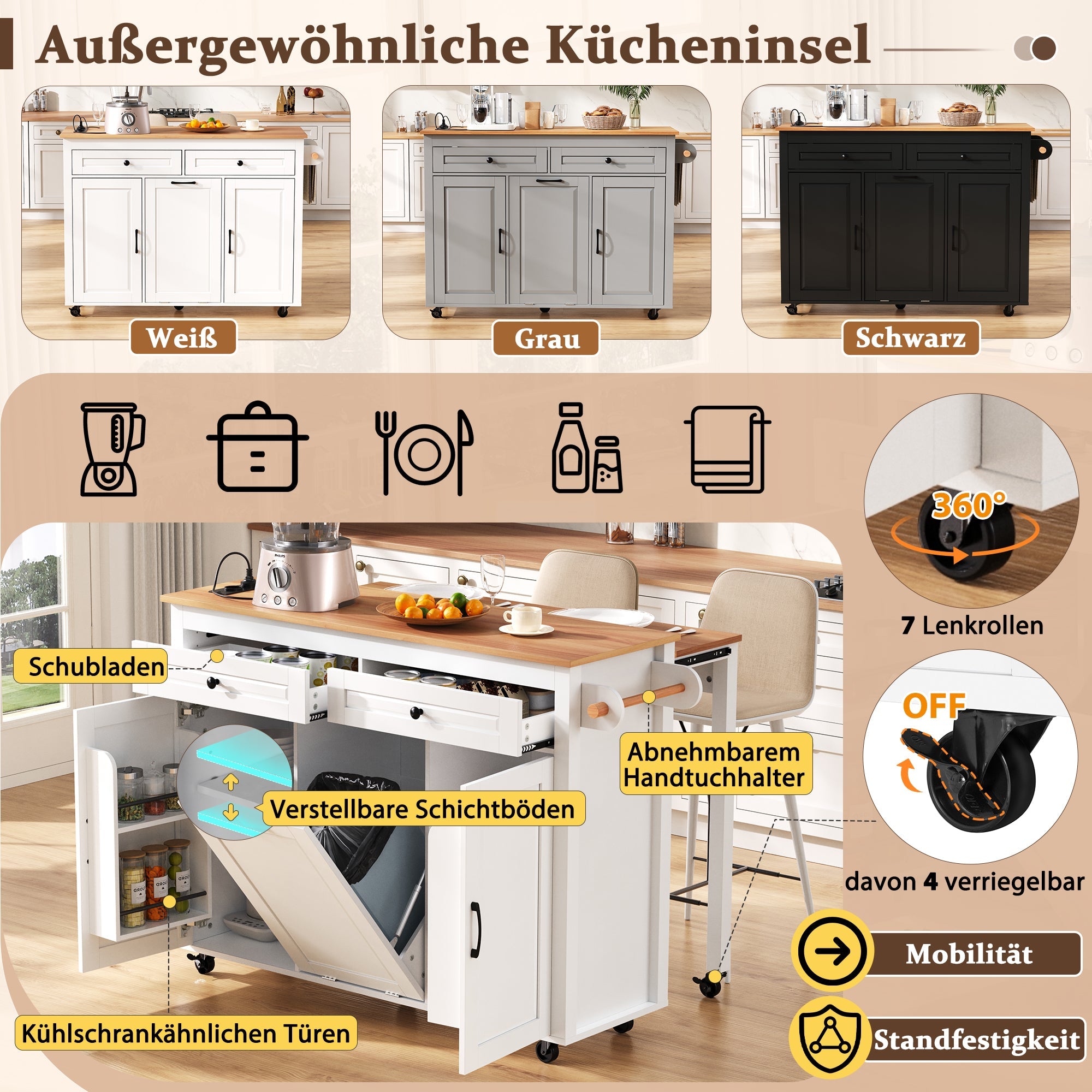 Logidon Keukeneiland op Wielen Wit Uitschuifbare Werkplek 120 cm