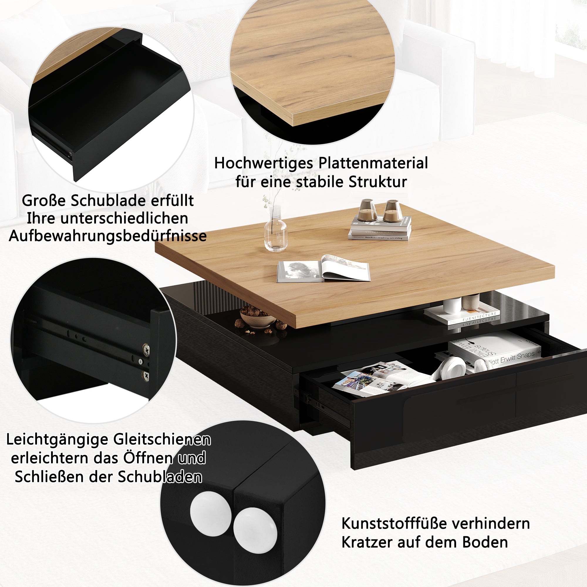 Logidon Vierkante Draaibare Salontafel 70x70 cm Bruin 360 graden