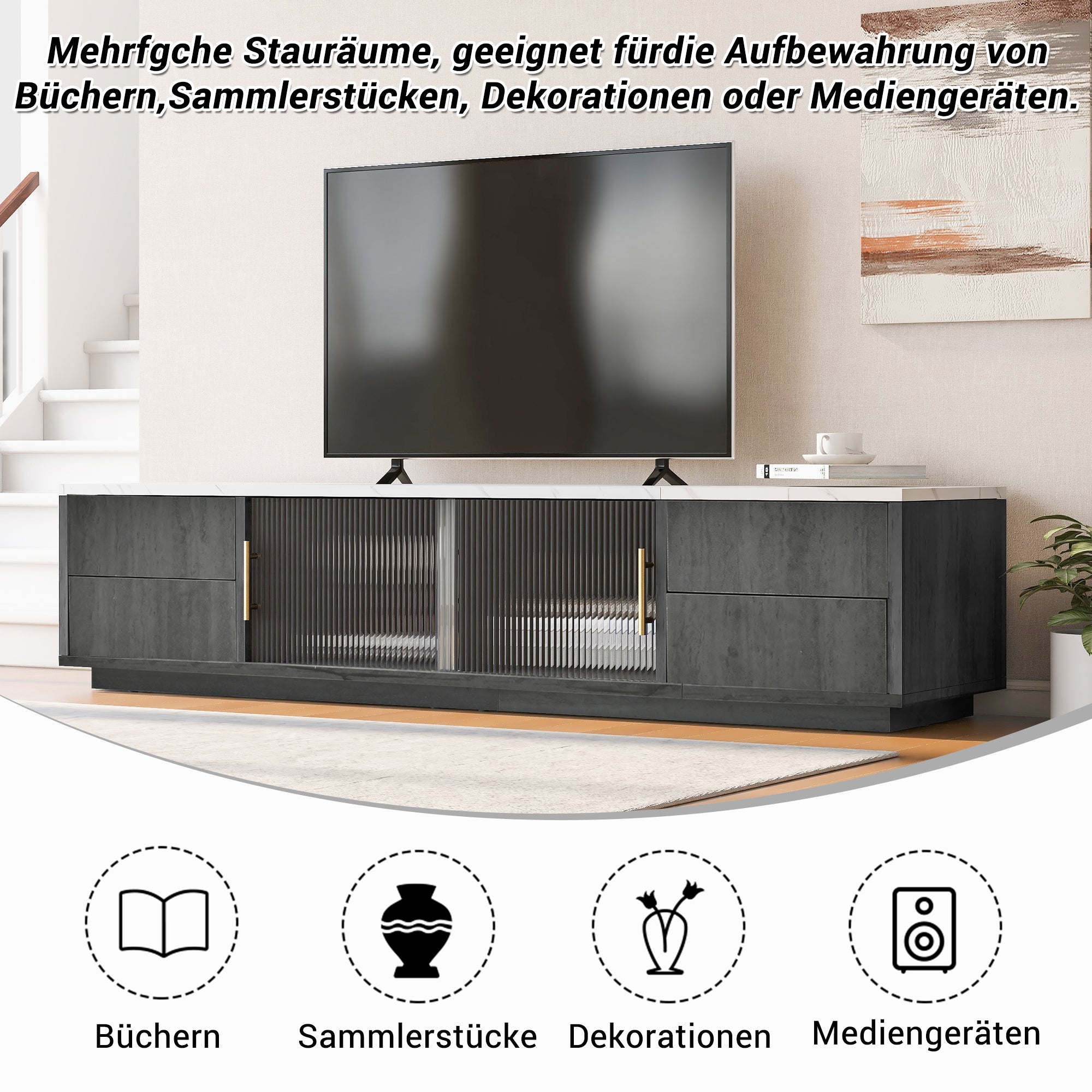 Logidon Deluxe TV-meubel 160 cm grijze marmerlook laden met openklapbare lades