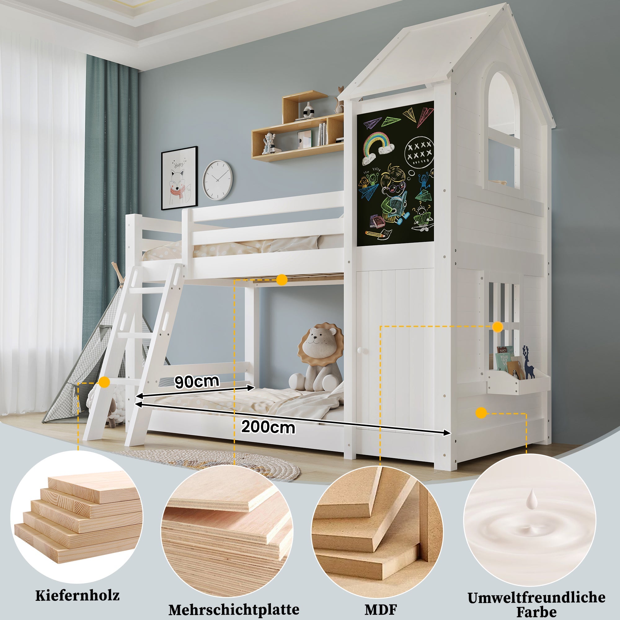 Logidon stapelbed wit 90x200 met deurpaneeldak en ladder