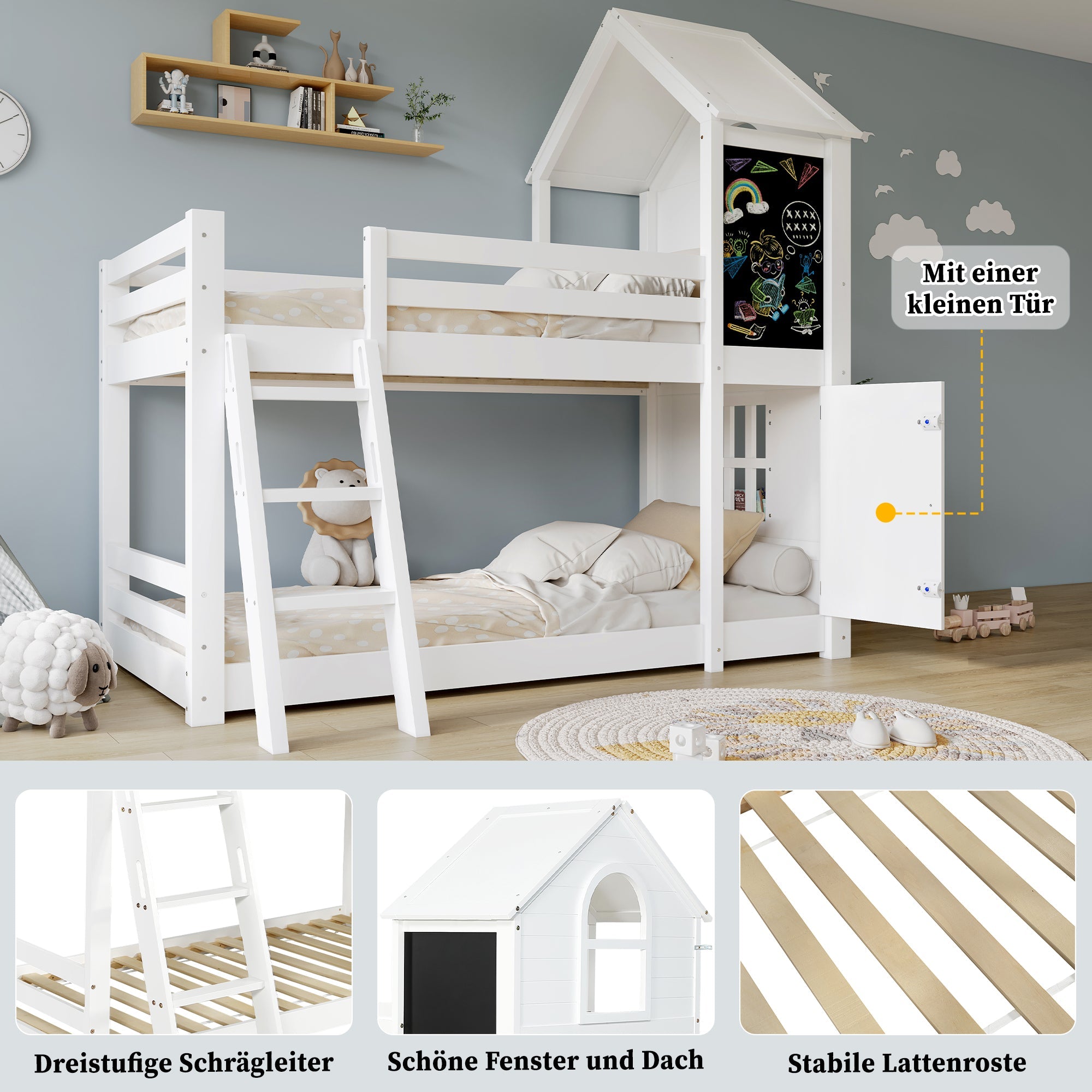 Logidon stapelbed wit 90x200 met deurpaneeldak en ladder