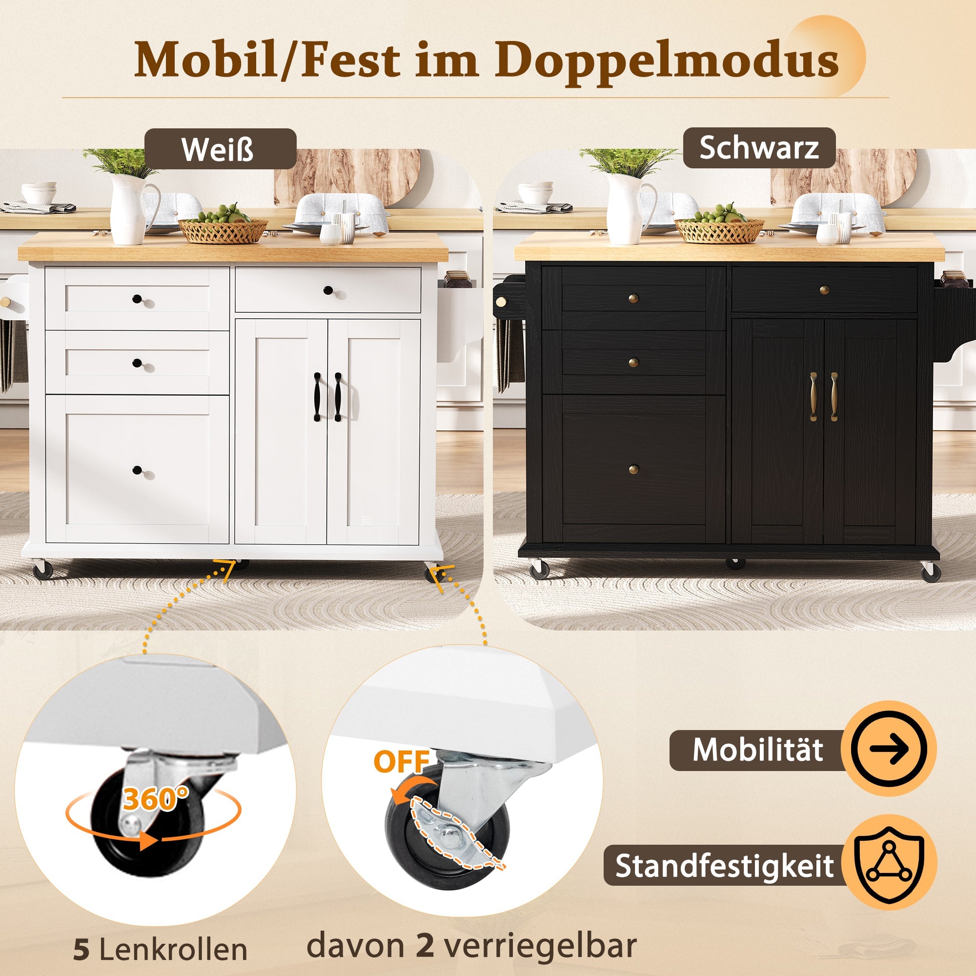 Logidon Mobiel Keukeneiland Wit met Uitschuifbare Eettafel en Laden