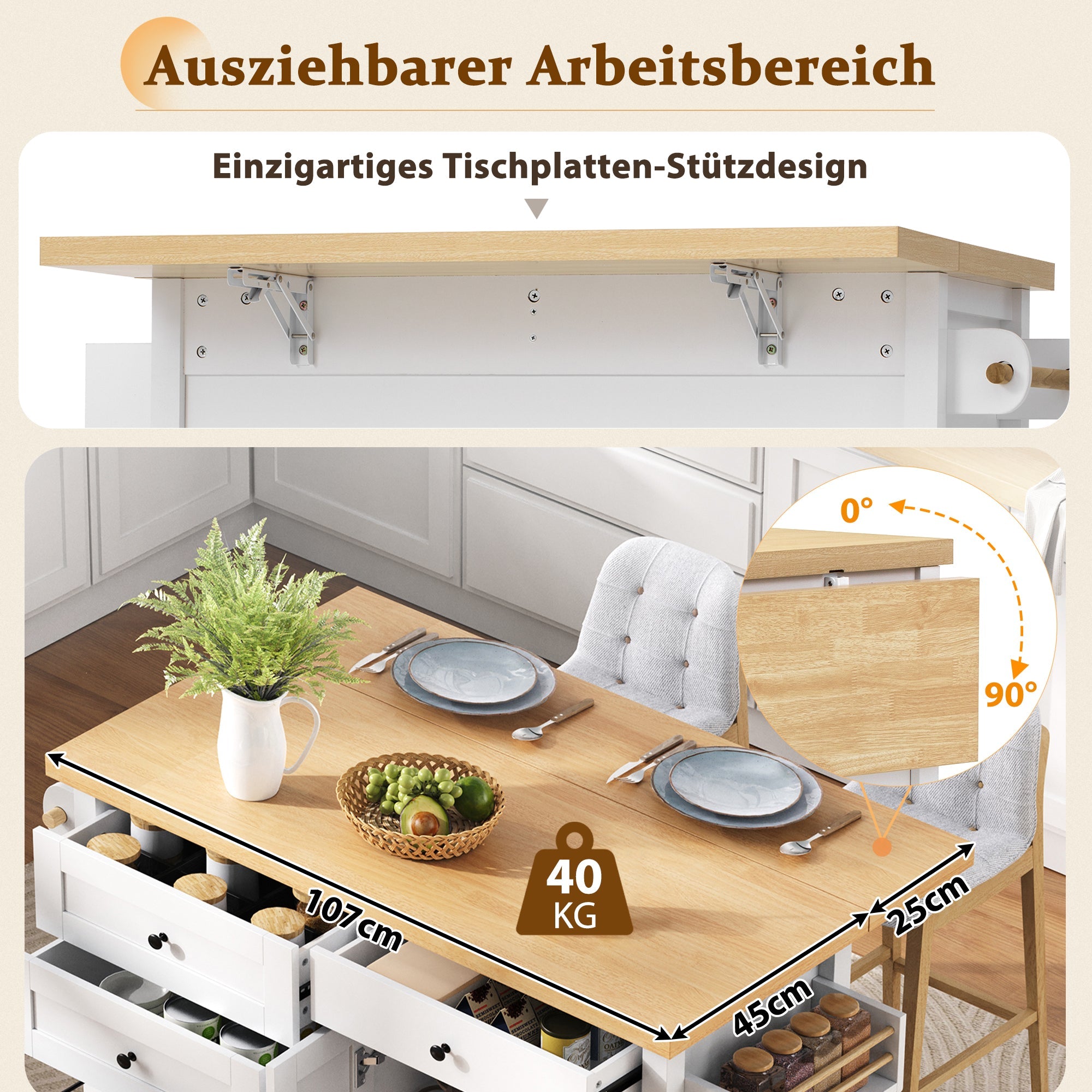 Logidon Mobiel Keukeneiland Wit met Uitschuifbare Eettafel en Laden
