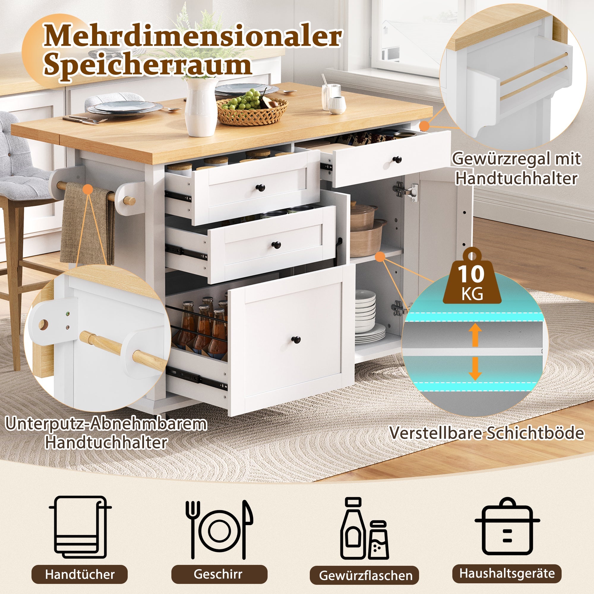 Logidon Mobiel Keukeneiland Wit met Uitschuifbare Eettafel en Laden