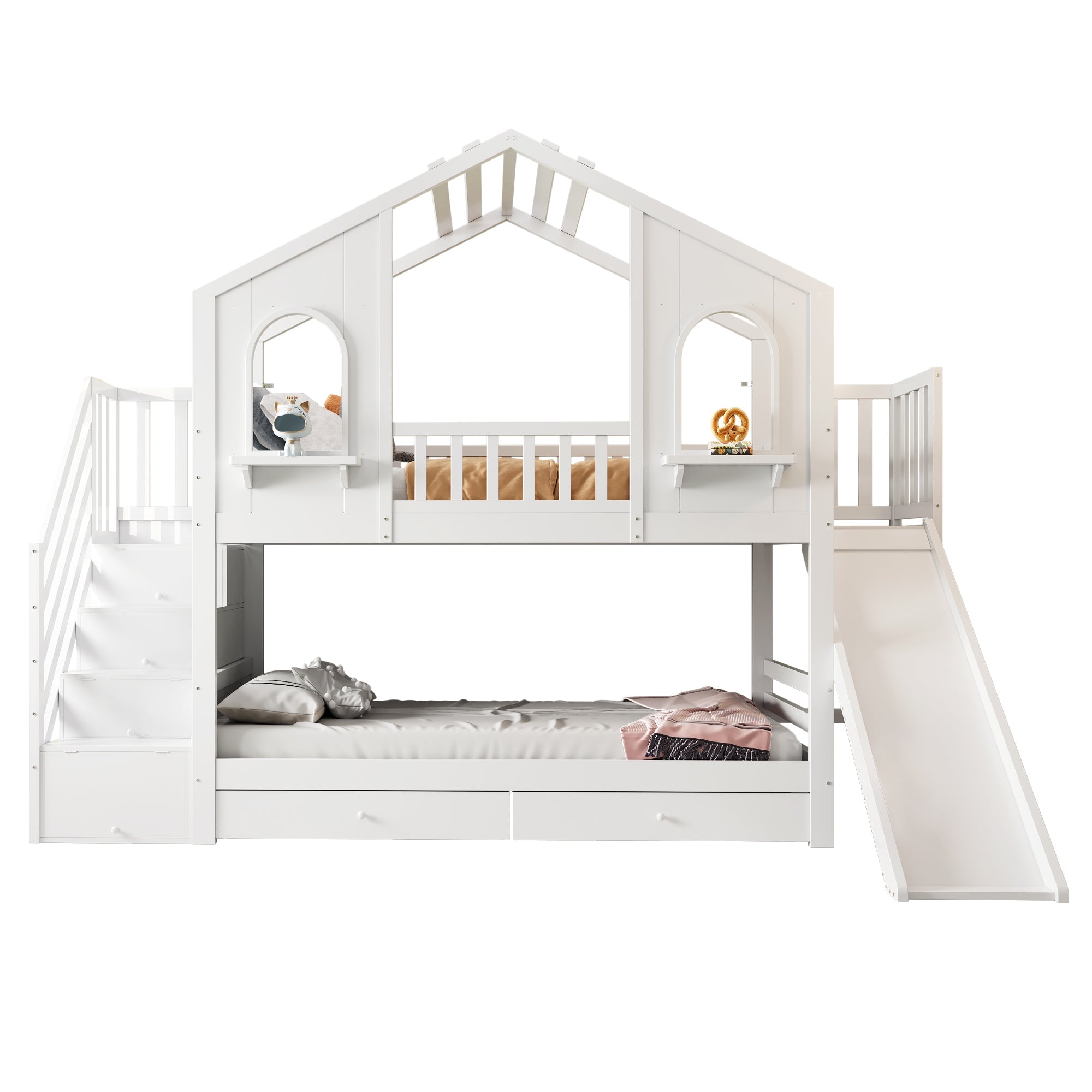 Logidon Kinderstapelbed 90x200 Witte Huisvorm met Glijbaan