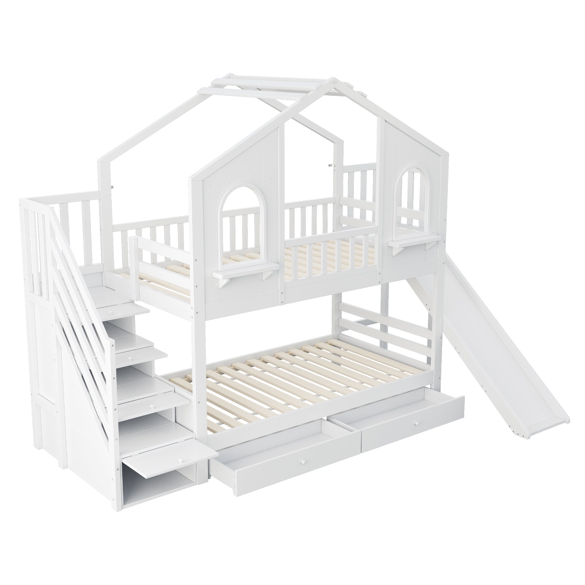 Logidon Kinderstapelbed 90x200 Witte Huisvorm met Glijbaan