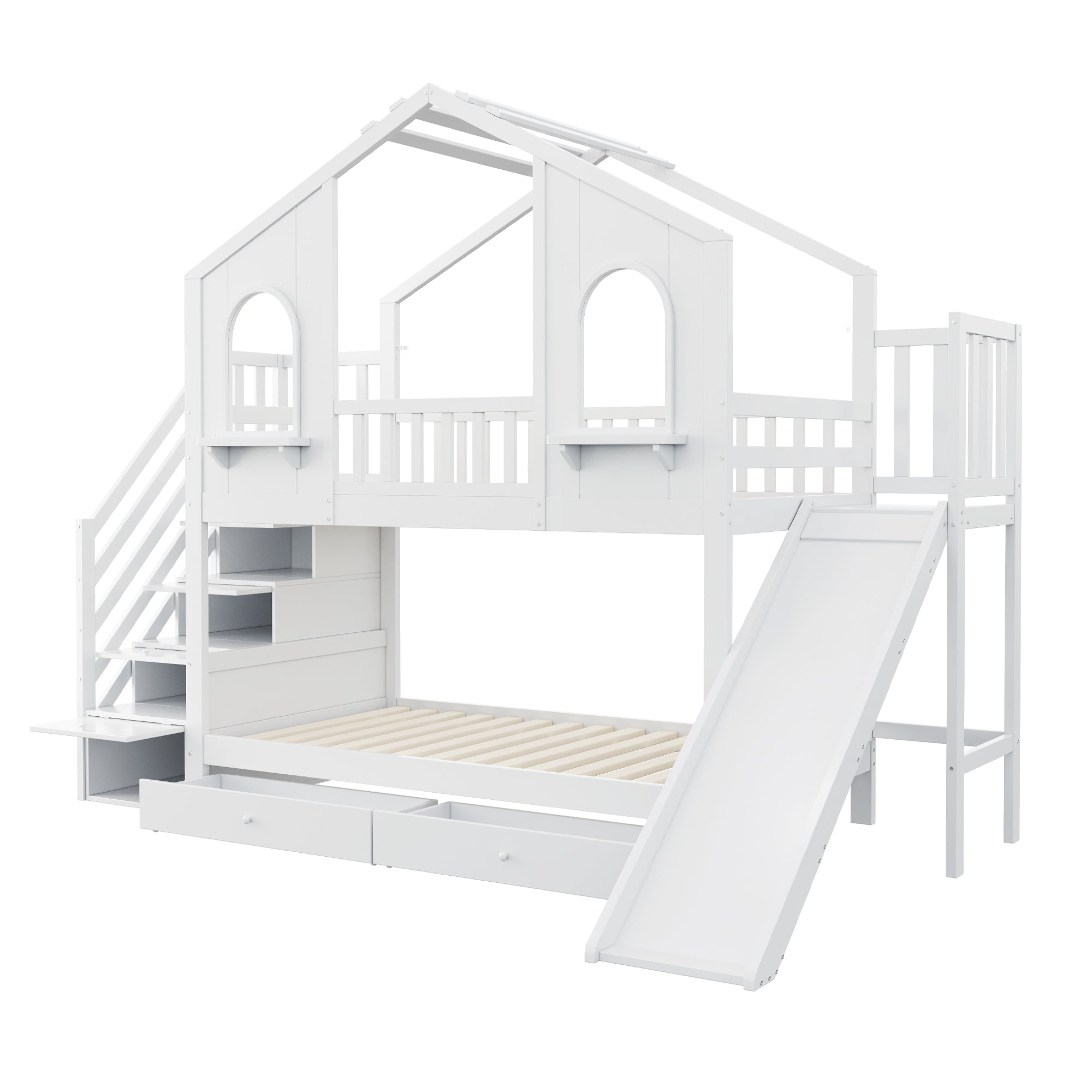 Logidon Kinderstapelbed 90x200 Witte Huisvorm met Glijbaan
