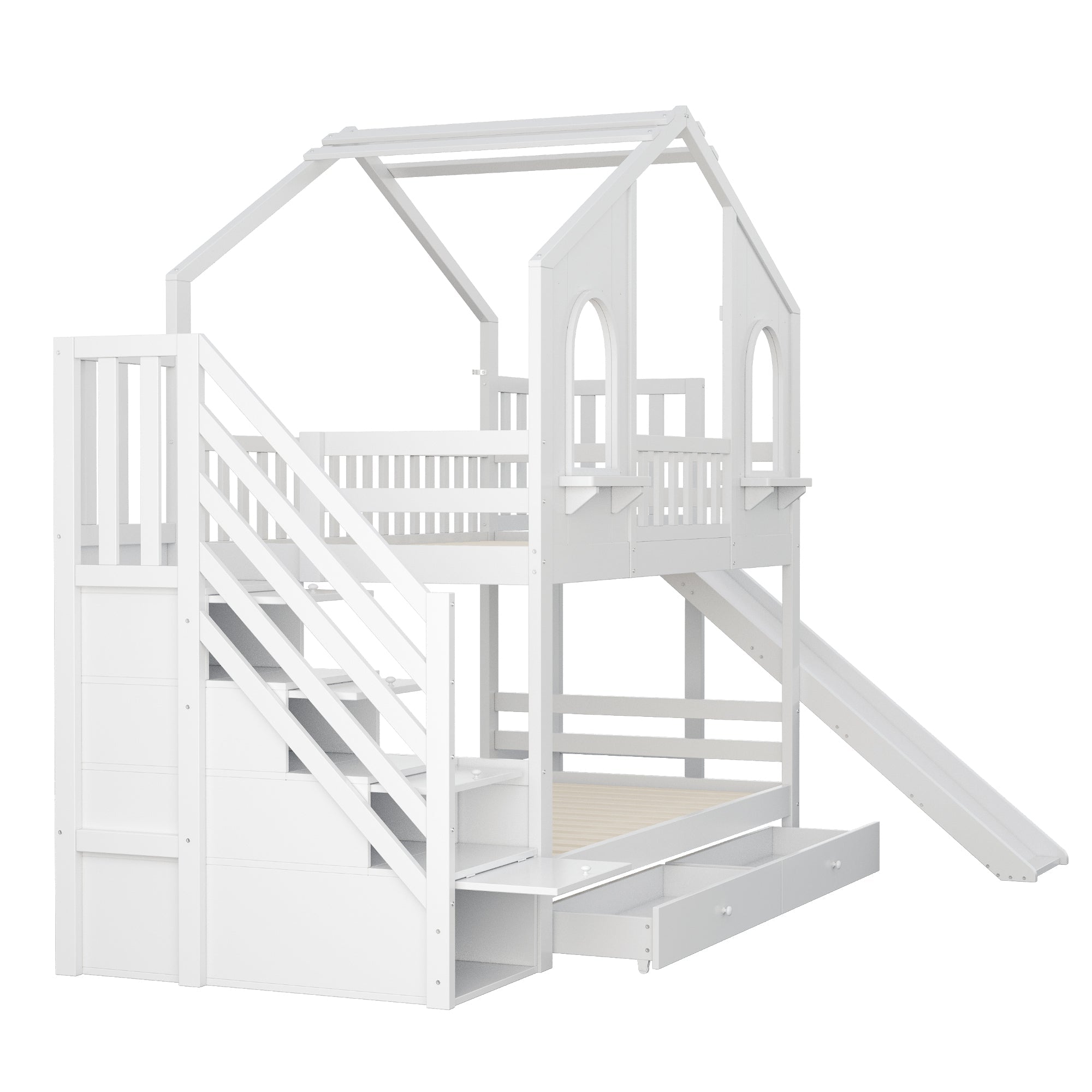 Logidon Kinderstapelbed 90x200 Witte Huisvorm met Glijbaan