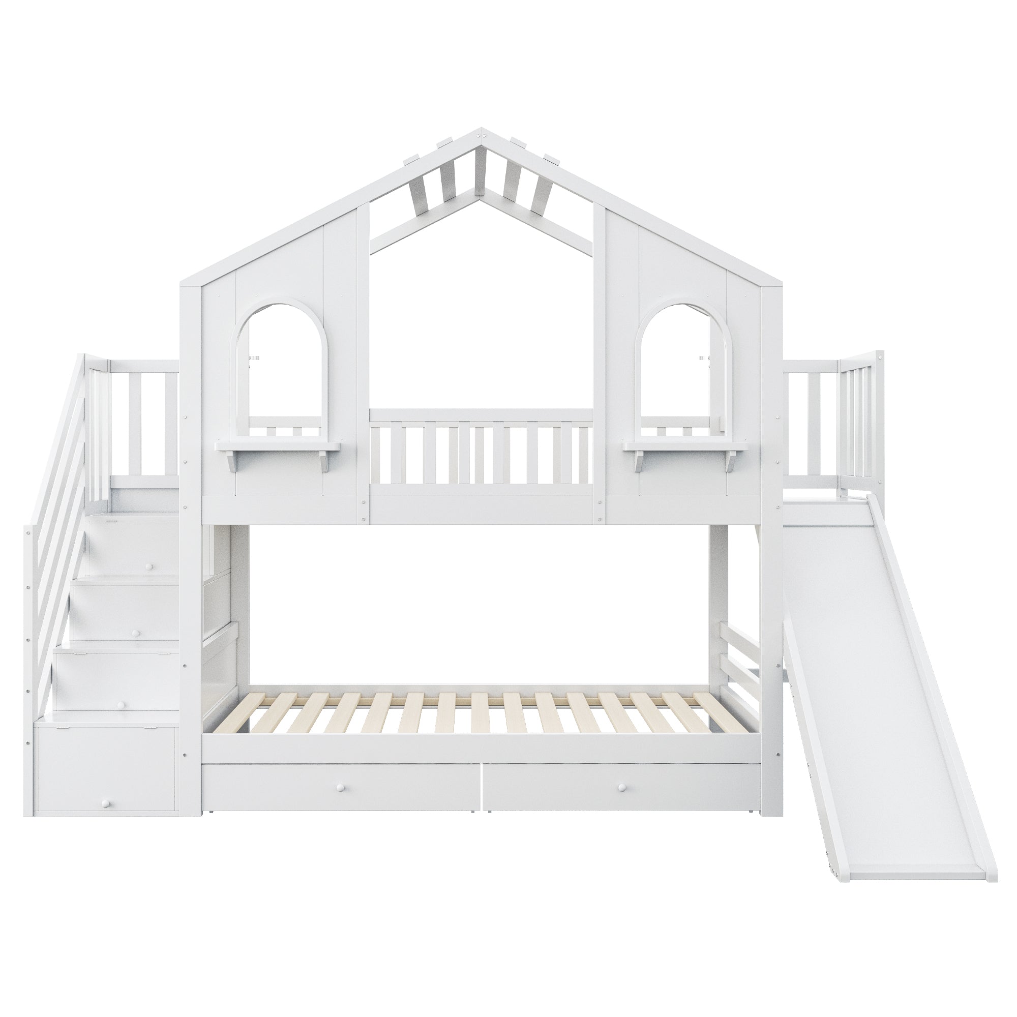 Logidon Kinderstapelbed 90x200 Witte Huisvorm met Glijbaan