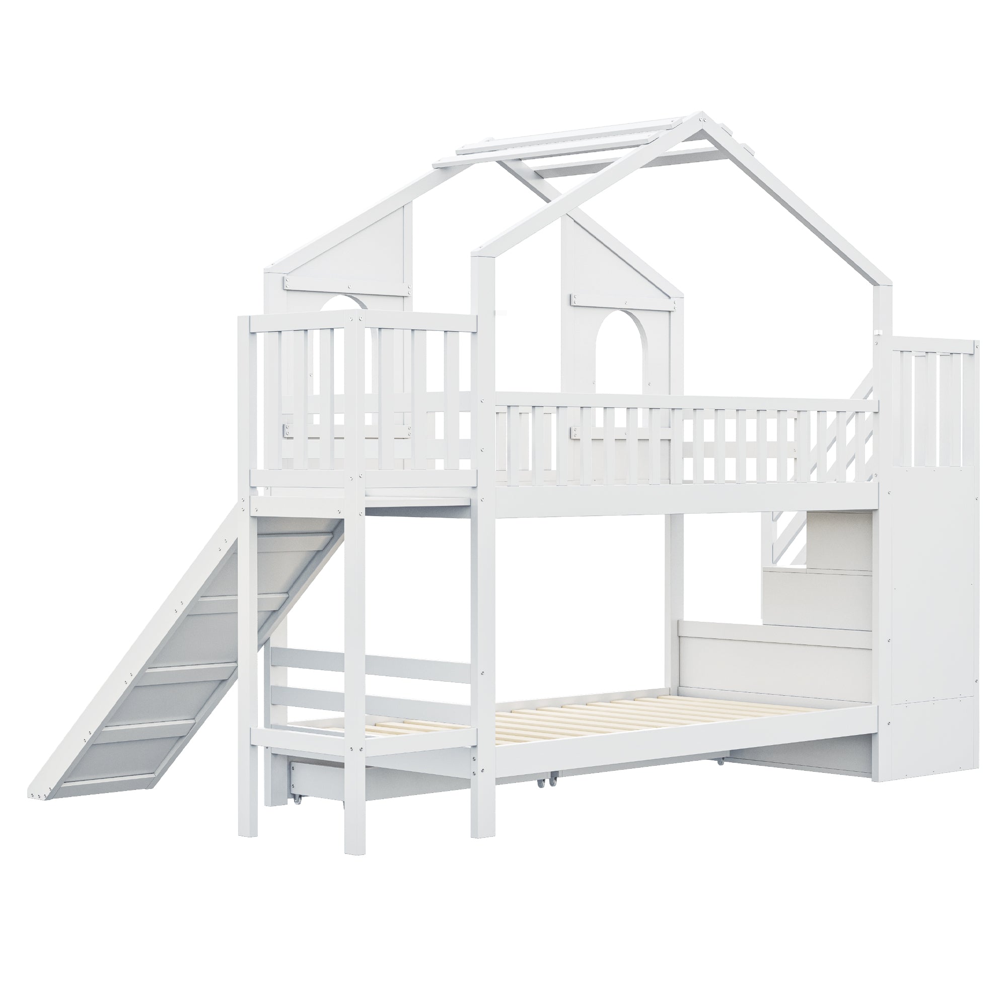 Logidon Kinderstapelbed 90x200 Witte Huisvorm met Glijbaan