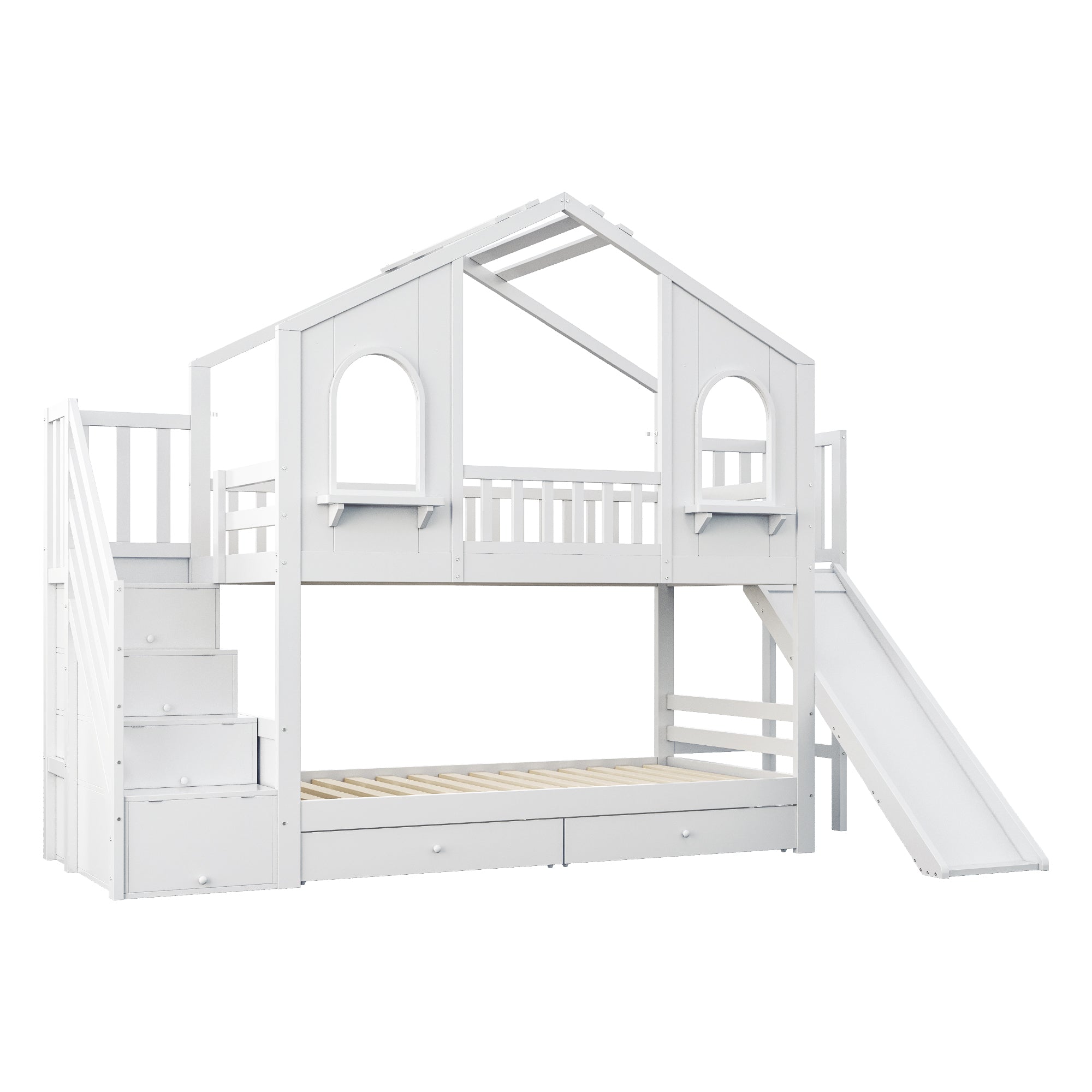 Logidon Kinderstapelbed 90x200 Witte Huisvorm met Glijbaan
