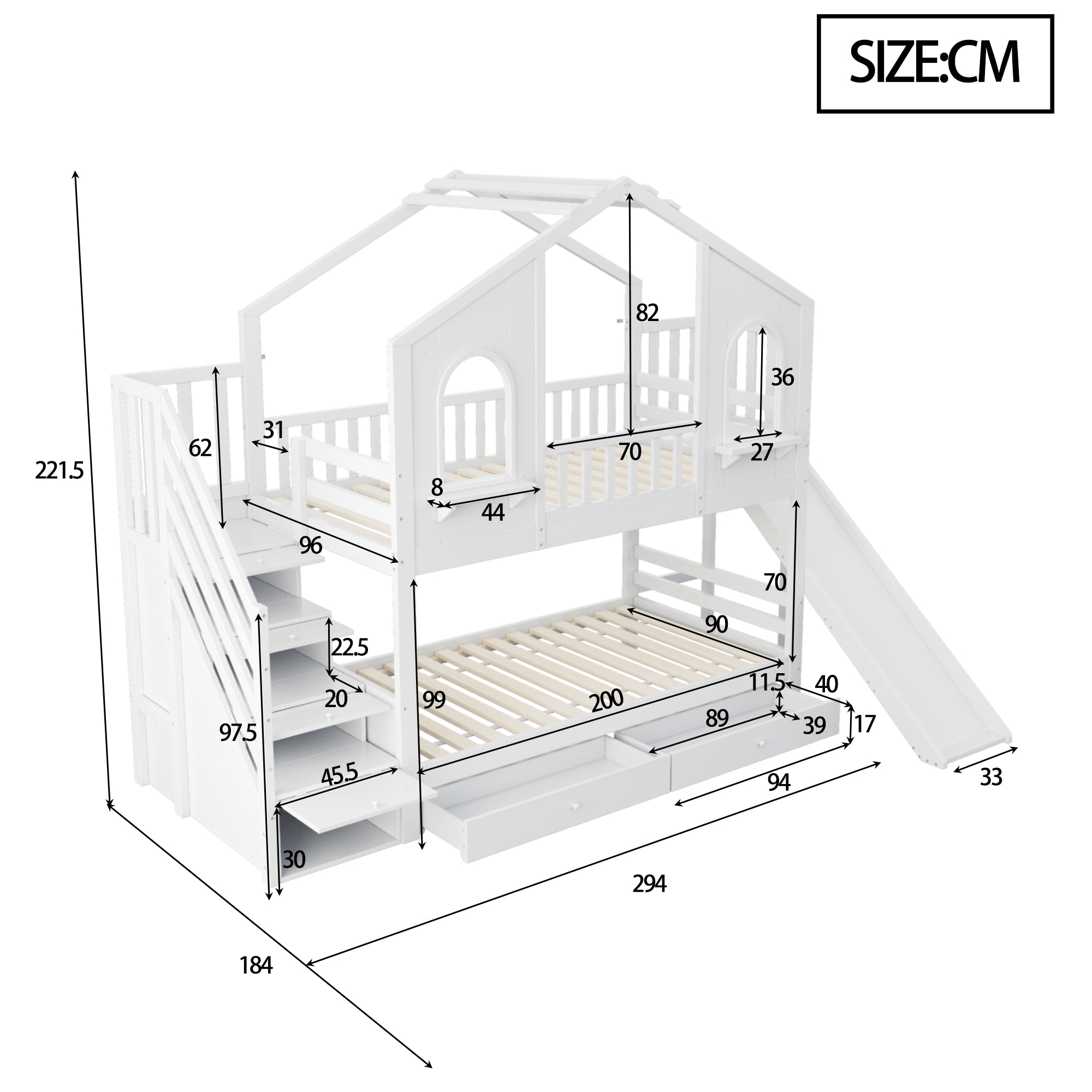 Logidon Kinderstapelbed 90x200 Witte Huisvorm met Glijbaan