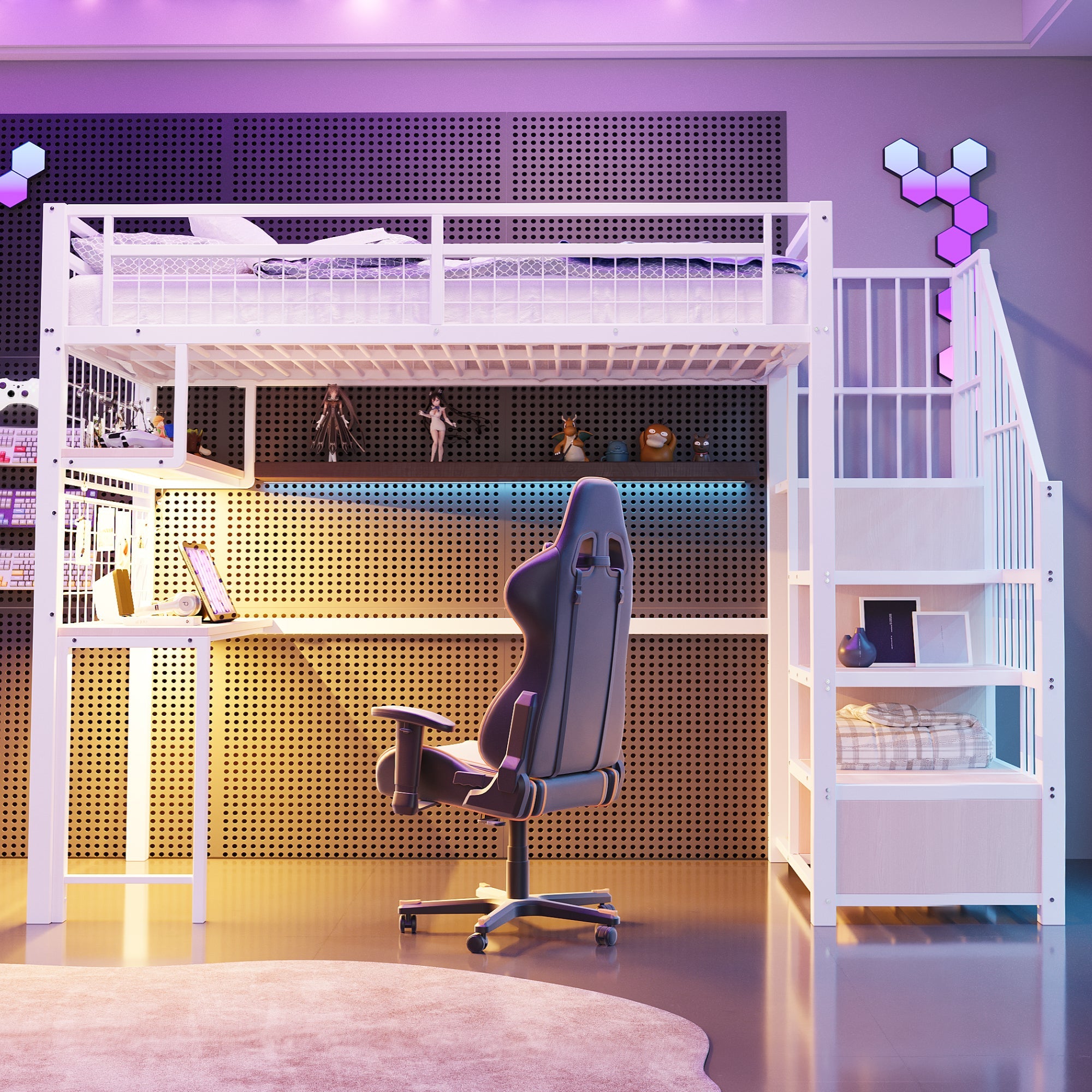 Logidon metalen hoogslaper 90x200 cm met bureau en LED-lichtstrip