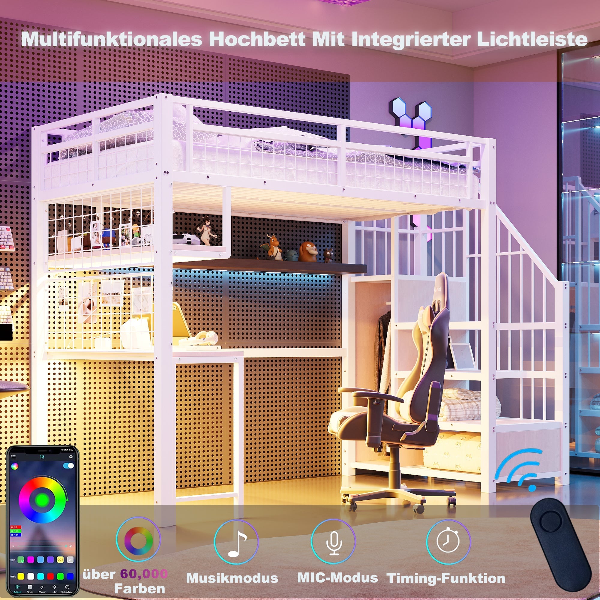 Logidon metalen hoogslaper 90x200 cm met bureau en LED-lichtstrip