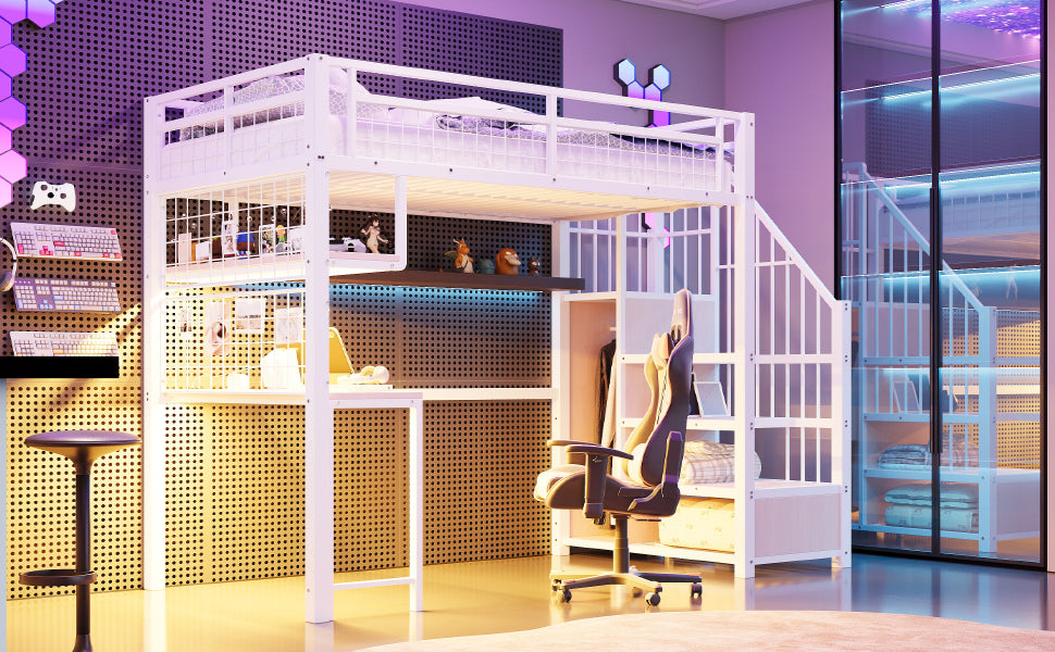 Logidon metalen hoogslaper 90x200 cm met bureau en LED-lichtstrip