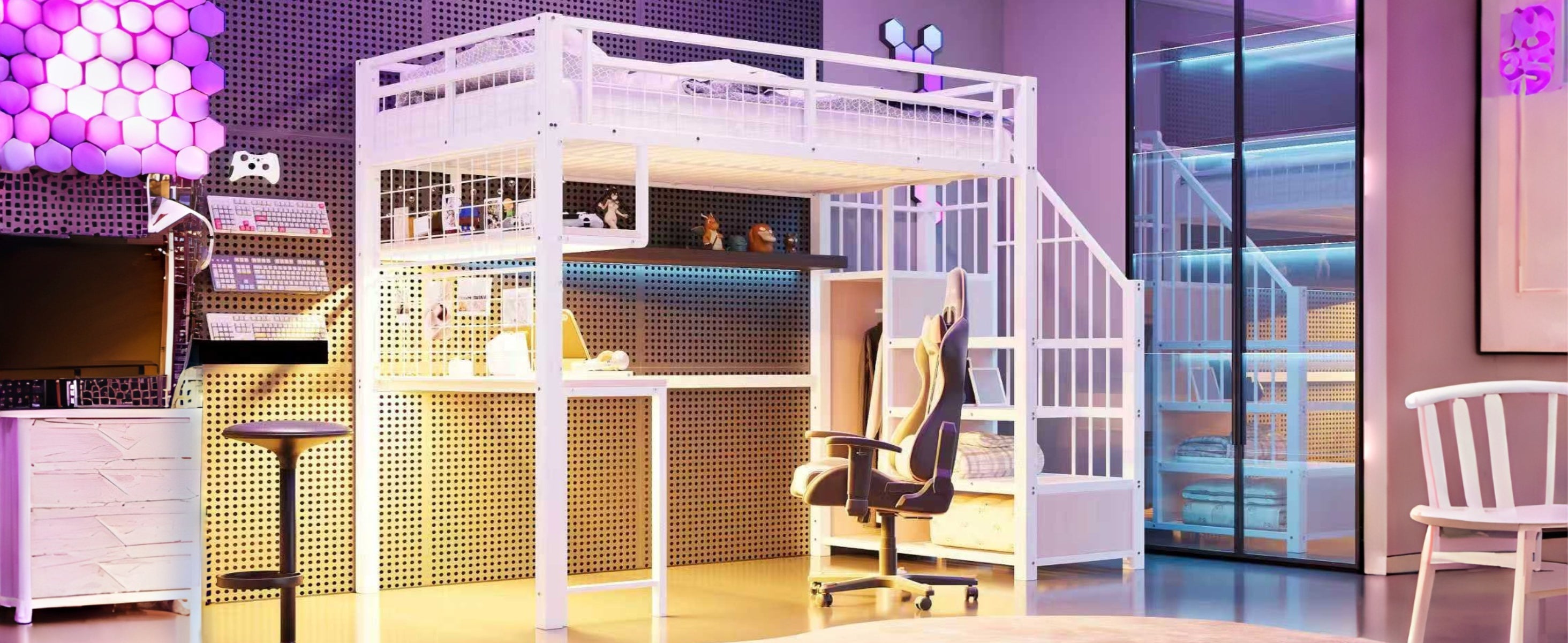 Logidon metalen hoogslaper 90x200 cm met bureau en LED-lichtstrip