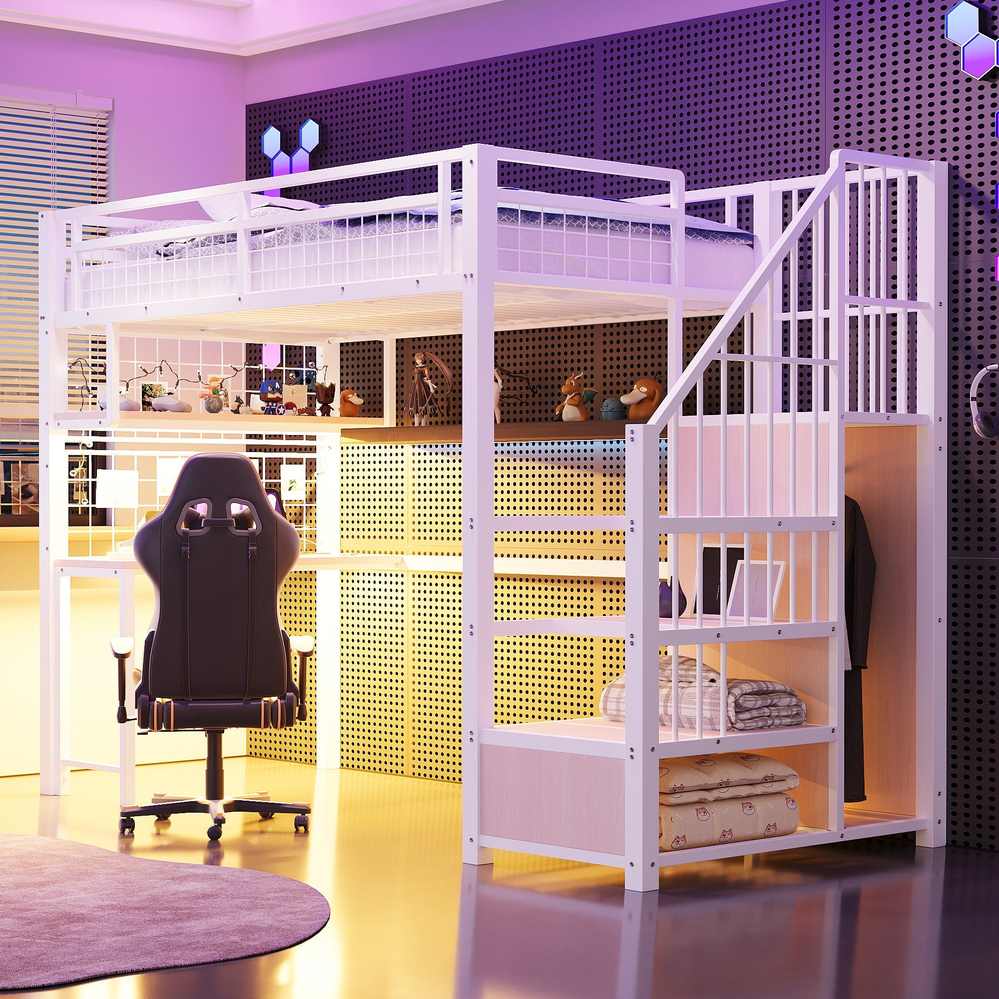 Logidon metalen hoogslaper 90x200 cm met bureau en LED-lichtstrip