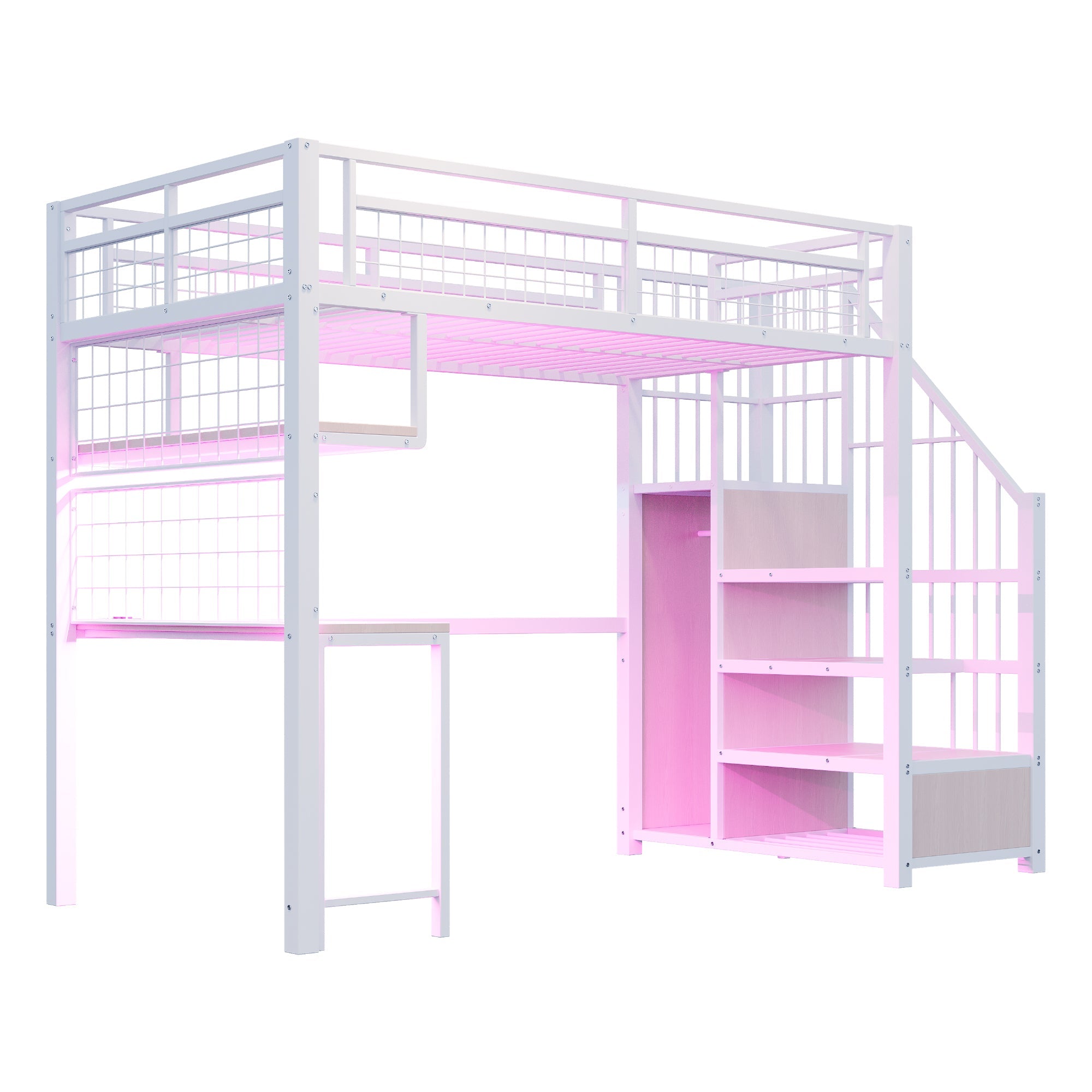 Logidon metalen hoogslaper 90x200 cm met bureau en LED-lichtstrip