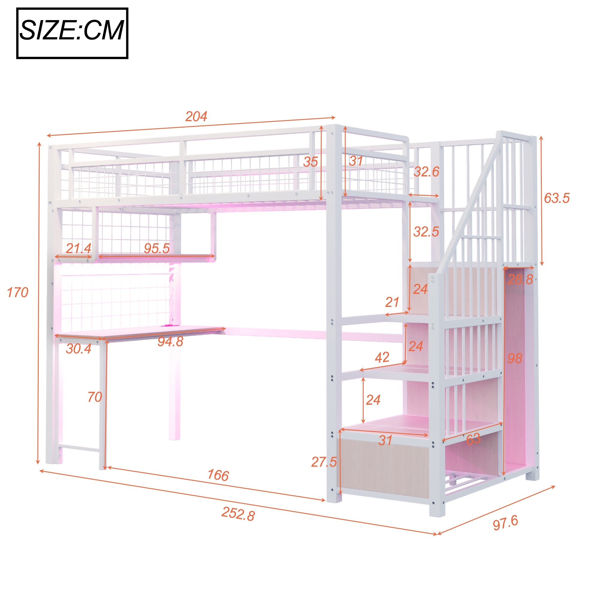 Logidon metalen hoogslaper 90x200 cm met bureau en LED-lichtstrip