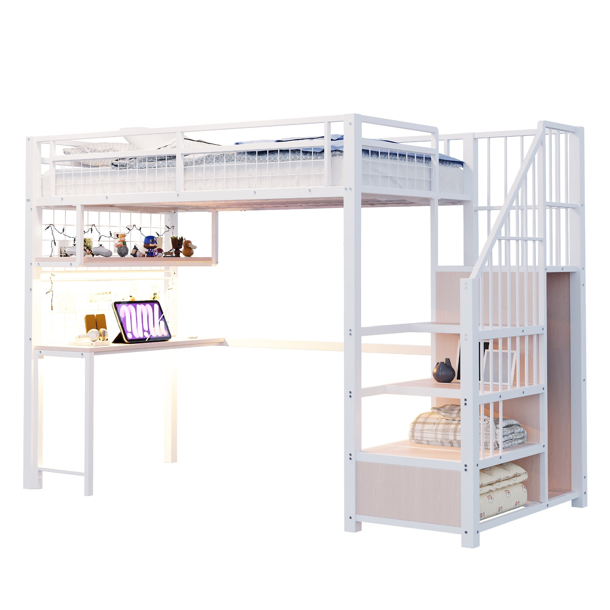 Logidon metalen hoogslaper 90x200 cm met bureau en LED-lichtstrip