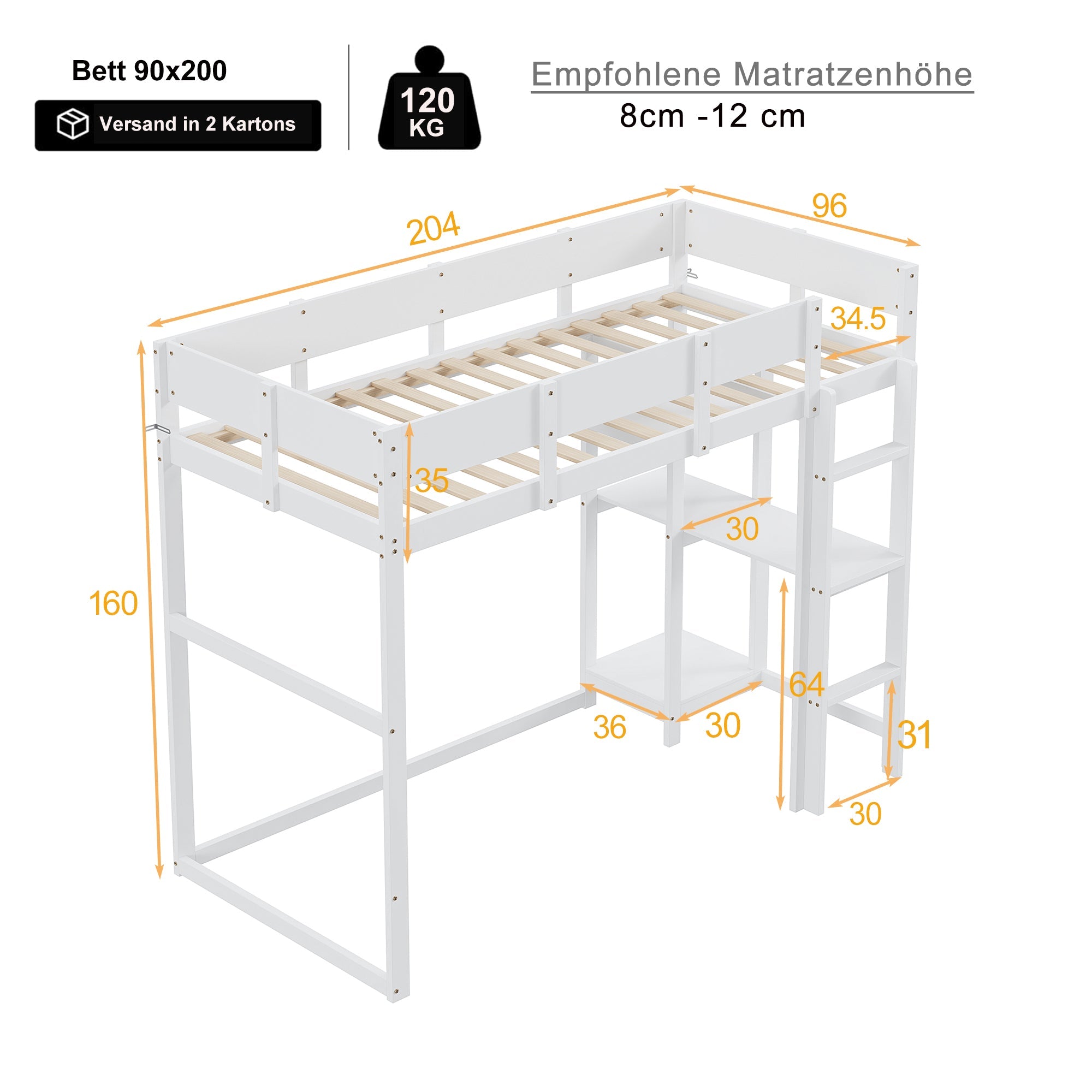 Logidon hoogslaper met plank 90x200 wit massief grenenhout