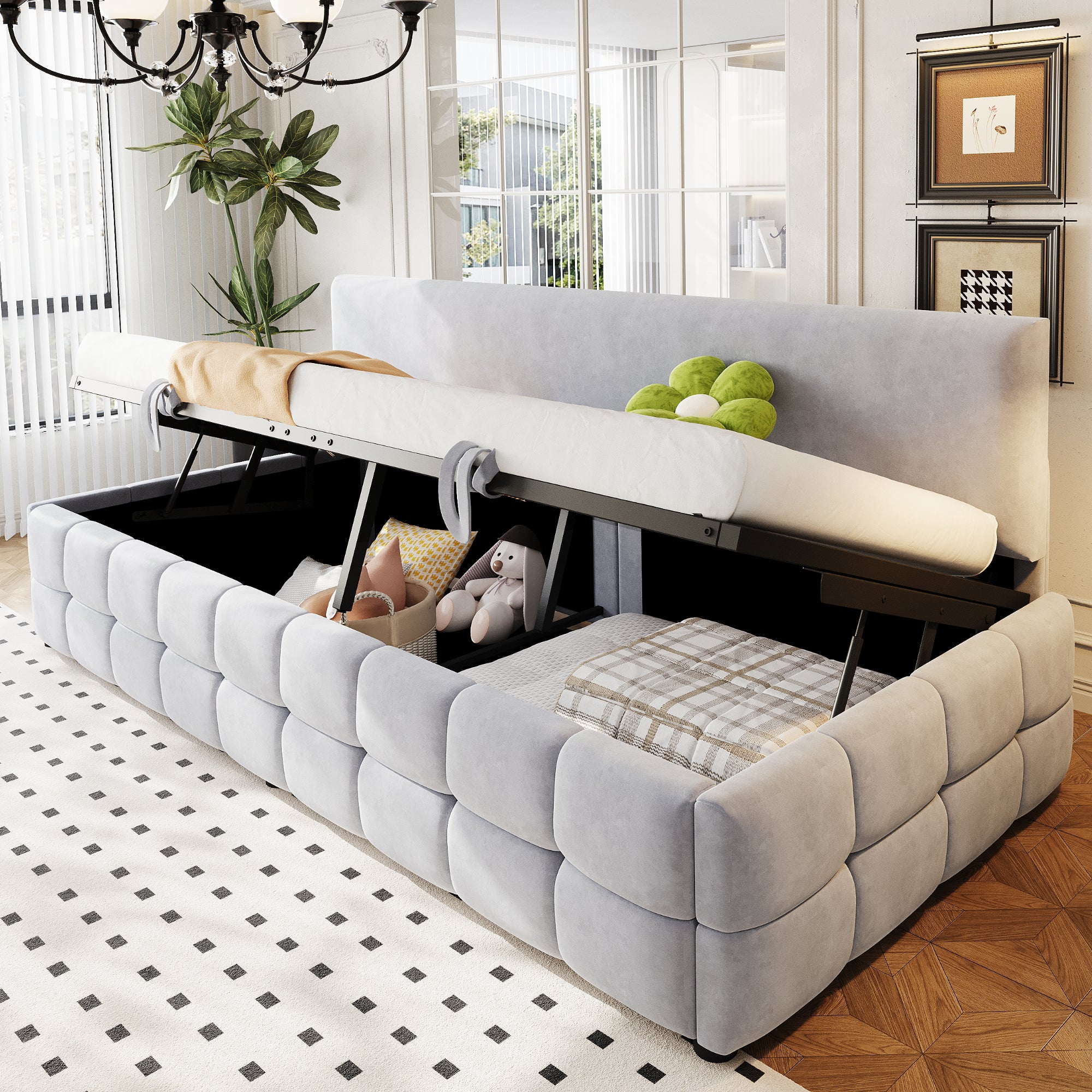 Logidon gestoffeerd bed 90x200 met hydraulische opbergruimte lichtgrijs