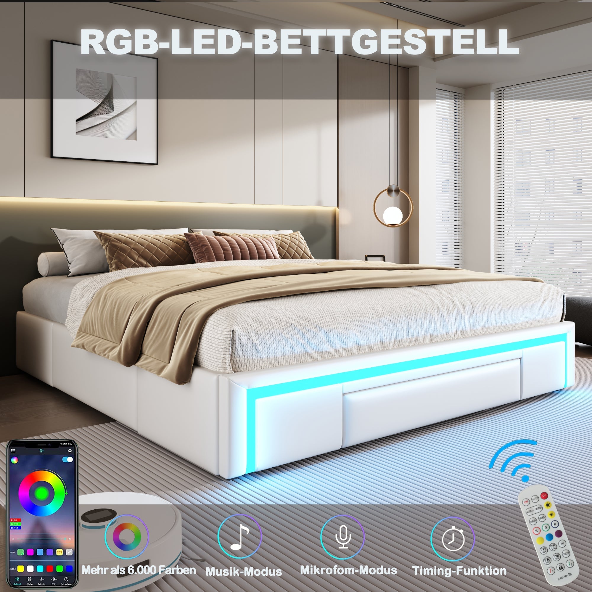 Logidon Bedframe 90x200 met lades PU-leer LED-verlichting Wit