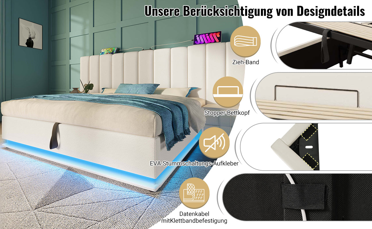 Logidon gestoffeerd bed 160x200 wit app bediening LED USB oplaadfunctie