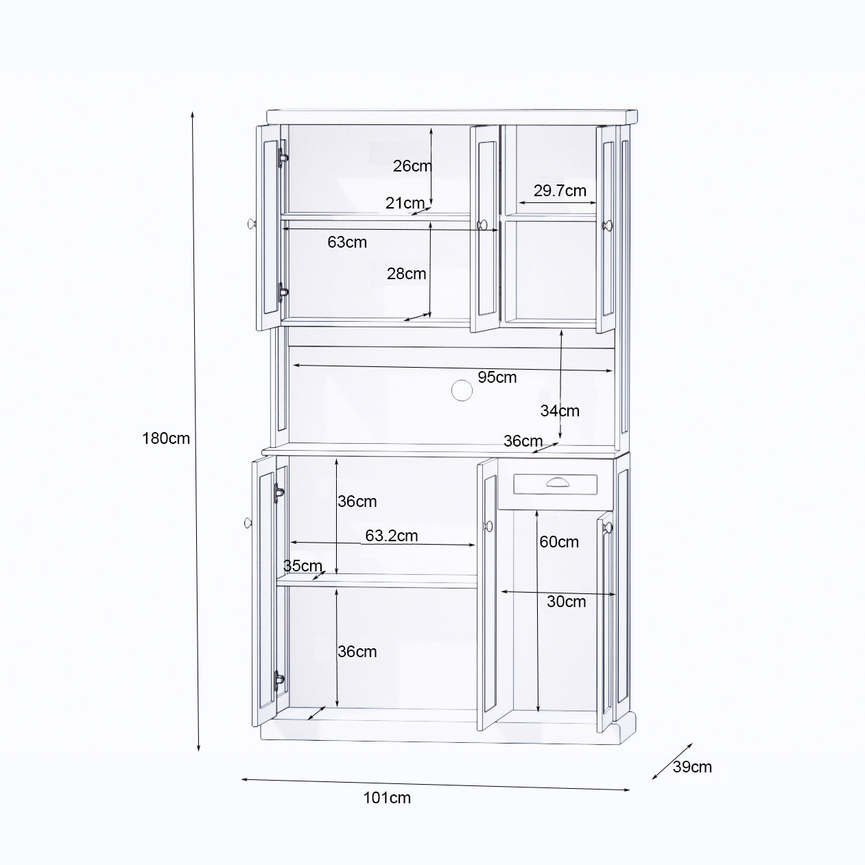 Logidon keukenbuffet 180 cm hoog wit met magnetronplaat en 6 deuren