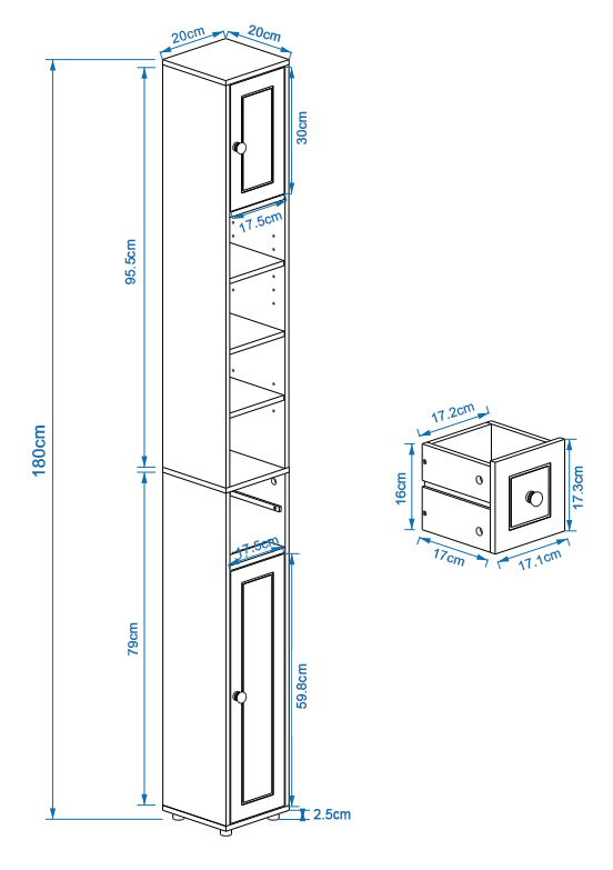 Logidon Slanke Badkamerkast Wit 180 Cm met 2 Deurtjes en 1 Lade