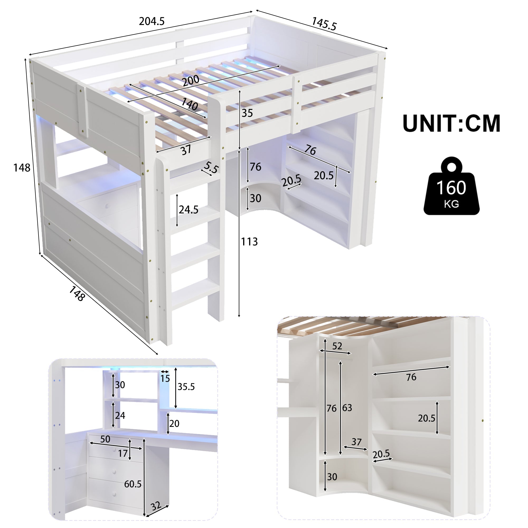 Logidon hoogslaper, 140x200cm, met LED verlichting, kledingkast, bureau, lades, opbergvakken, zonder matras, wit