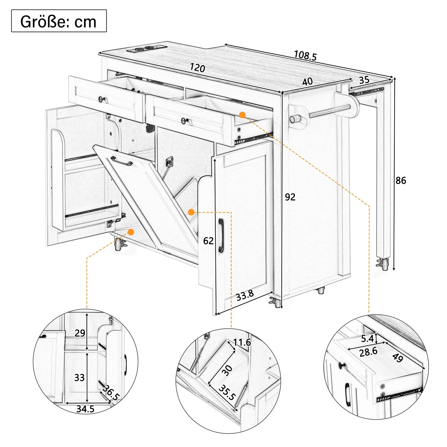 Logidon Keukeneiland op Wielen Wit Uitschuifbare Werkplek 120 cm