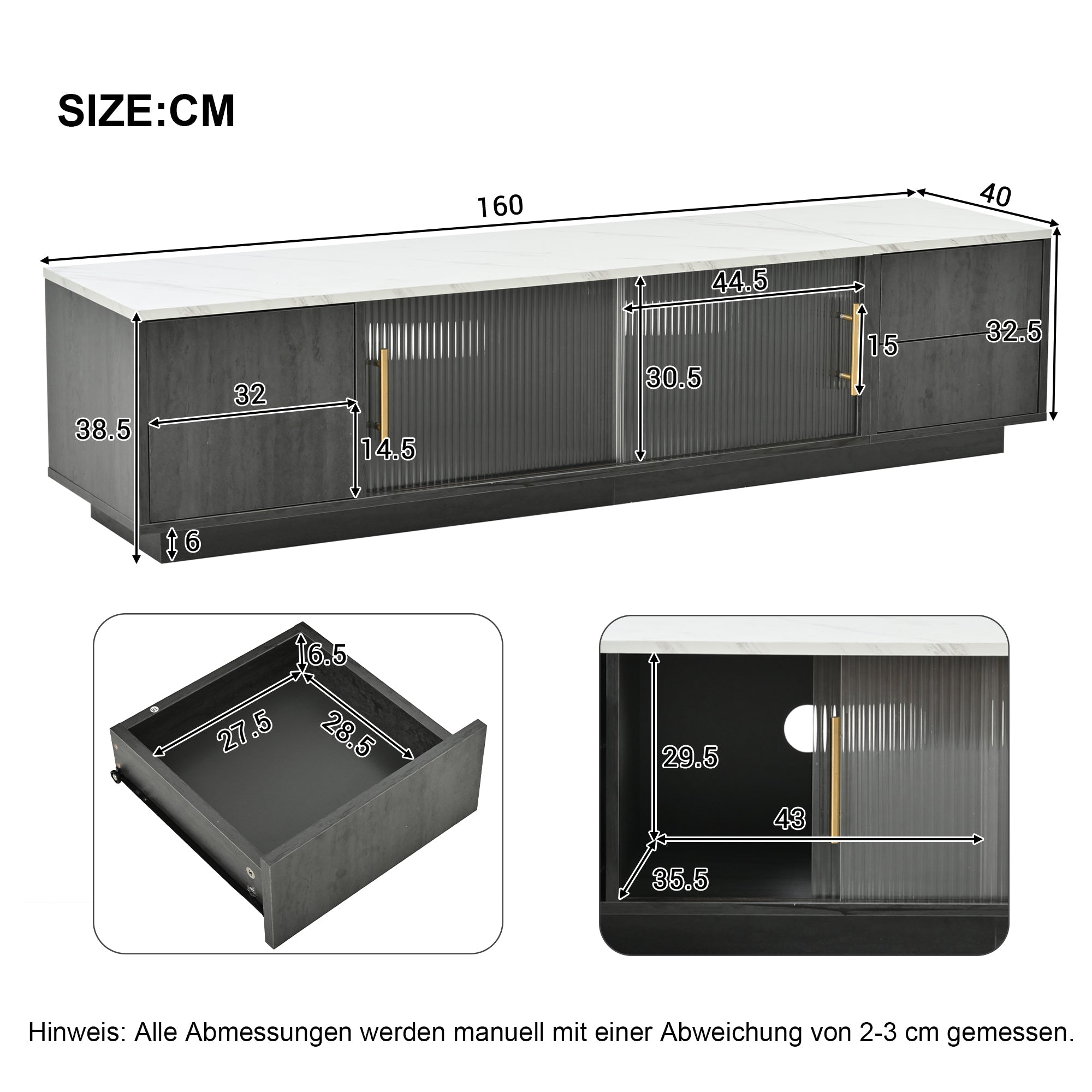 Logidon Deluxe TV-meubel 160 cm grijze marmerlook laden met openklapbare lades