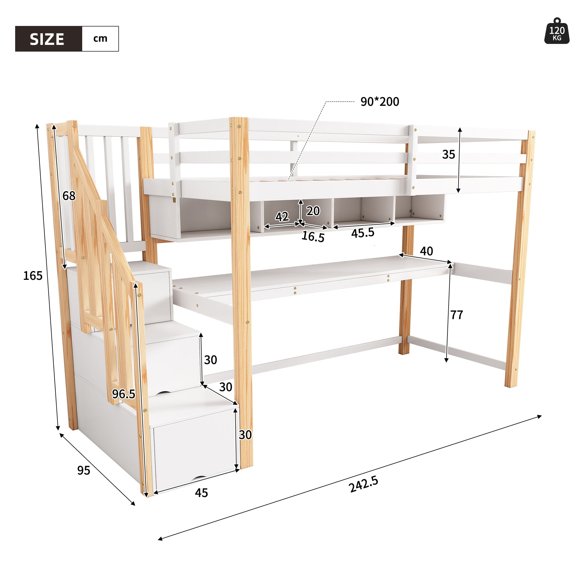 Logidon kinderhoogslaper 90x200 wit met groot bureau en planken