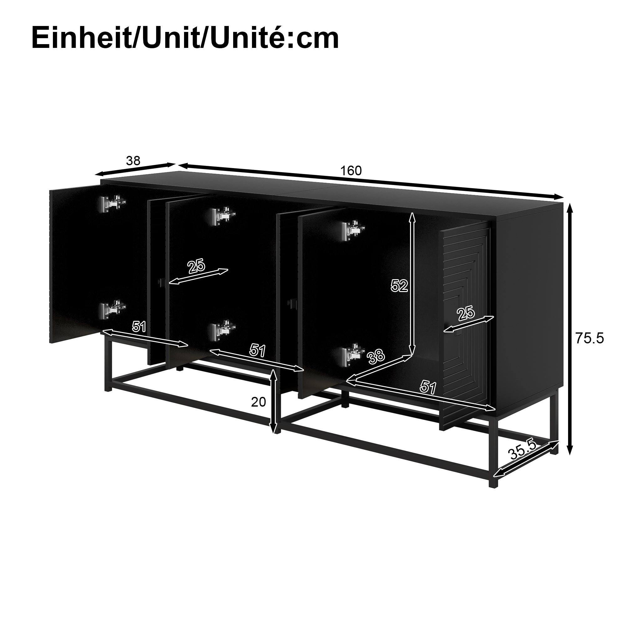 Logidon Moderne Zwarte Dressoirkast 3 Dubbele Deuren 160x38x75,5CM
