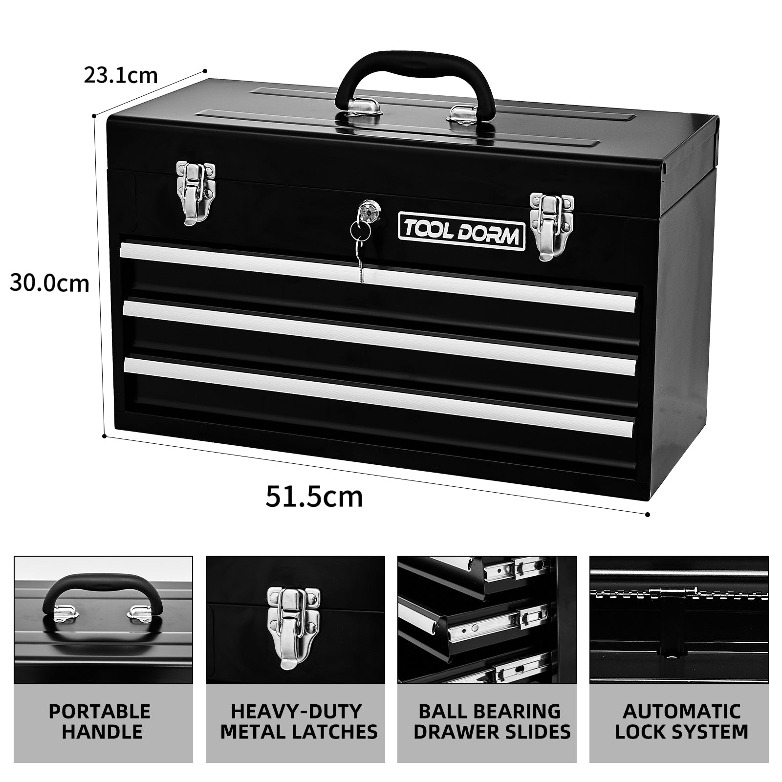 Logidon Metalen Gereedschapskist met 3 Laden 20,3 Inch Zwart Draagbaar