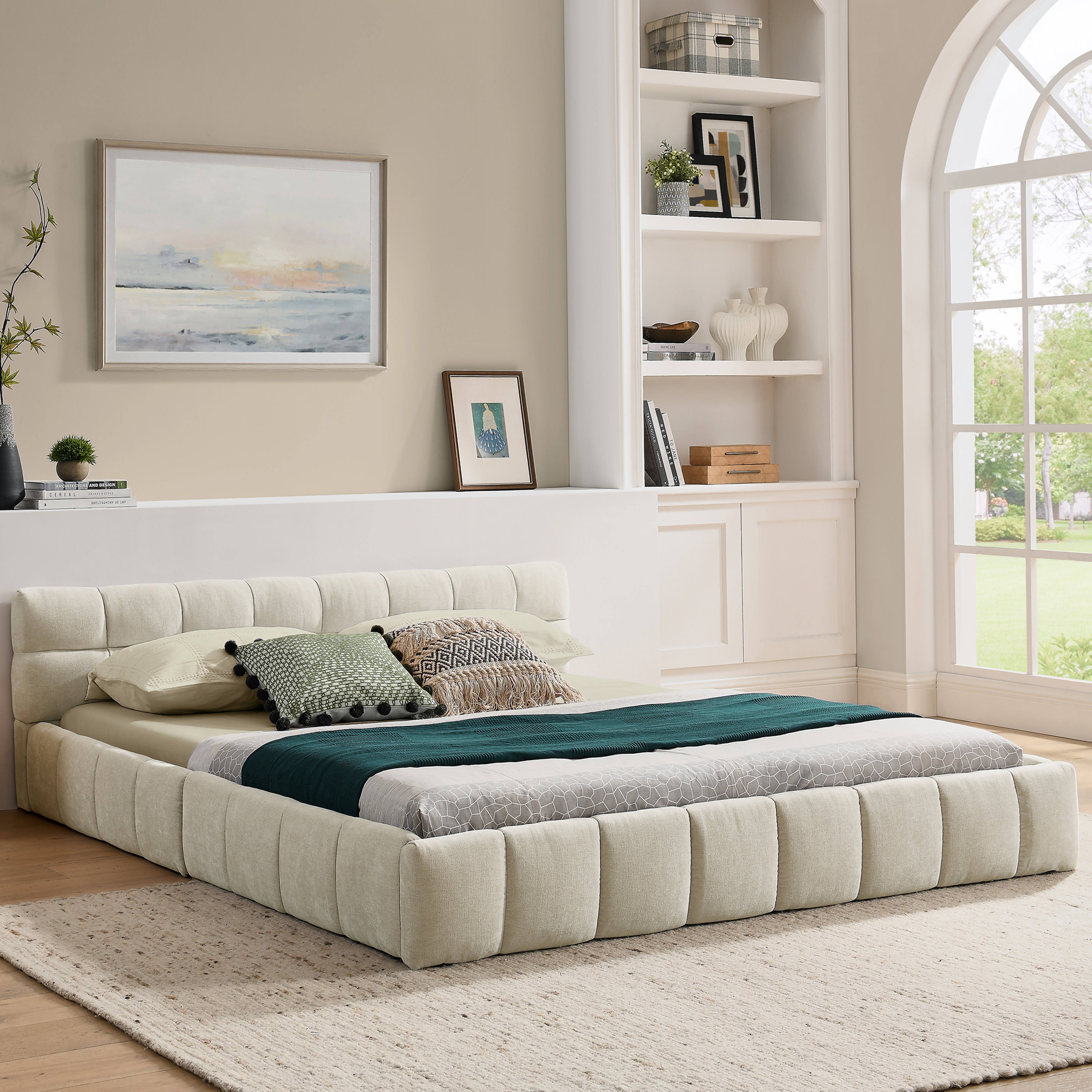 Logidon double bed 140x200 beige chenille eucalyptus wood metal frame