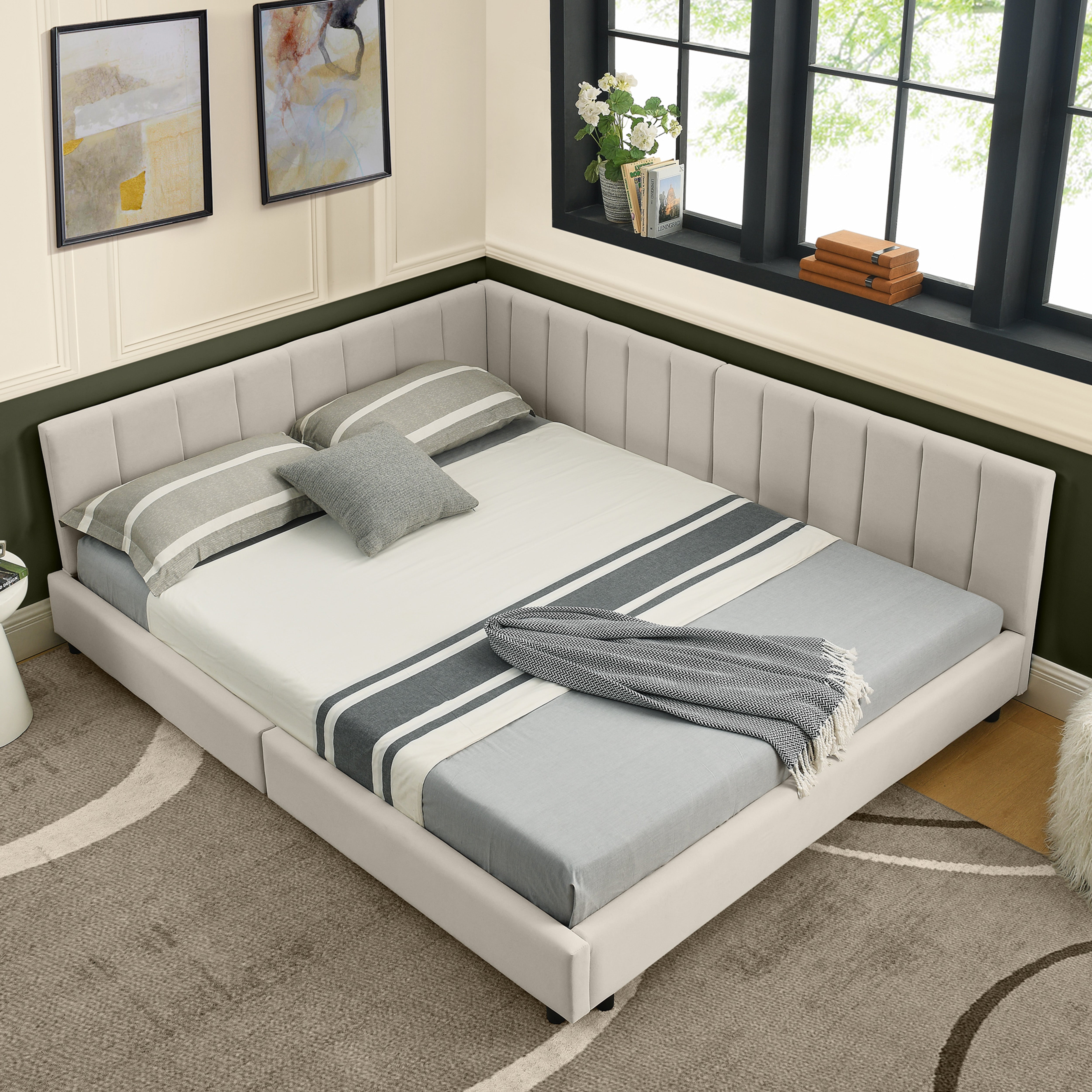 Logidon tweepersoonsbed 160x200 cm beige fluwelen oppervlak hoge rugleuning