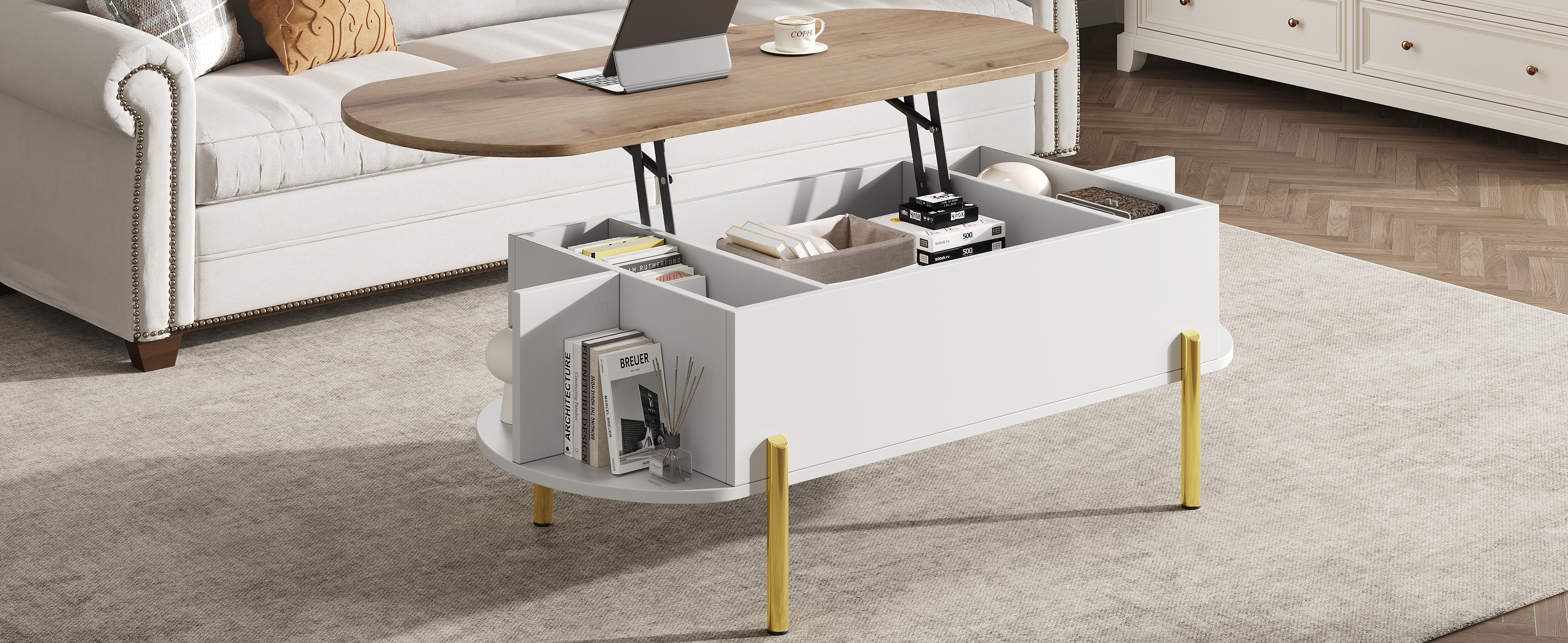 Logidon Verstelbare Salontafel 120x50x43 cm Met Opbergruimte Wit Hout